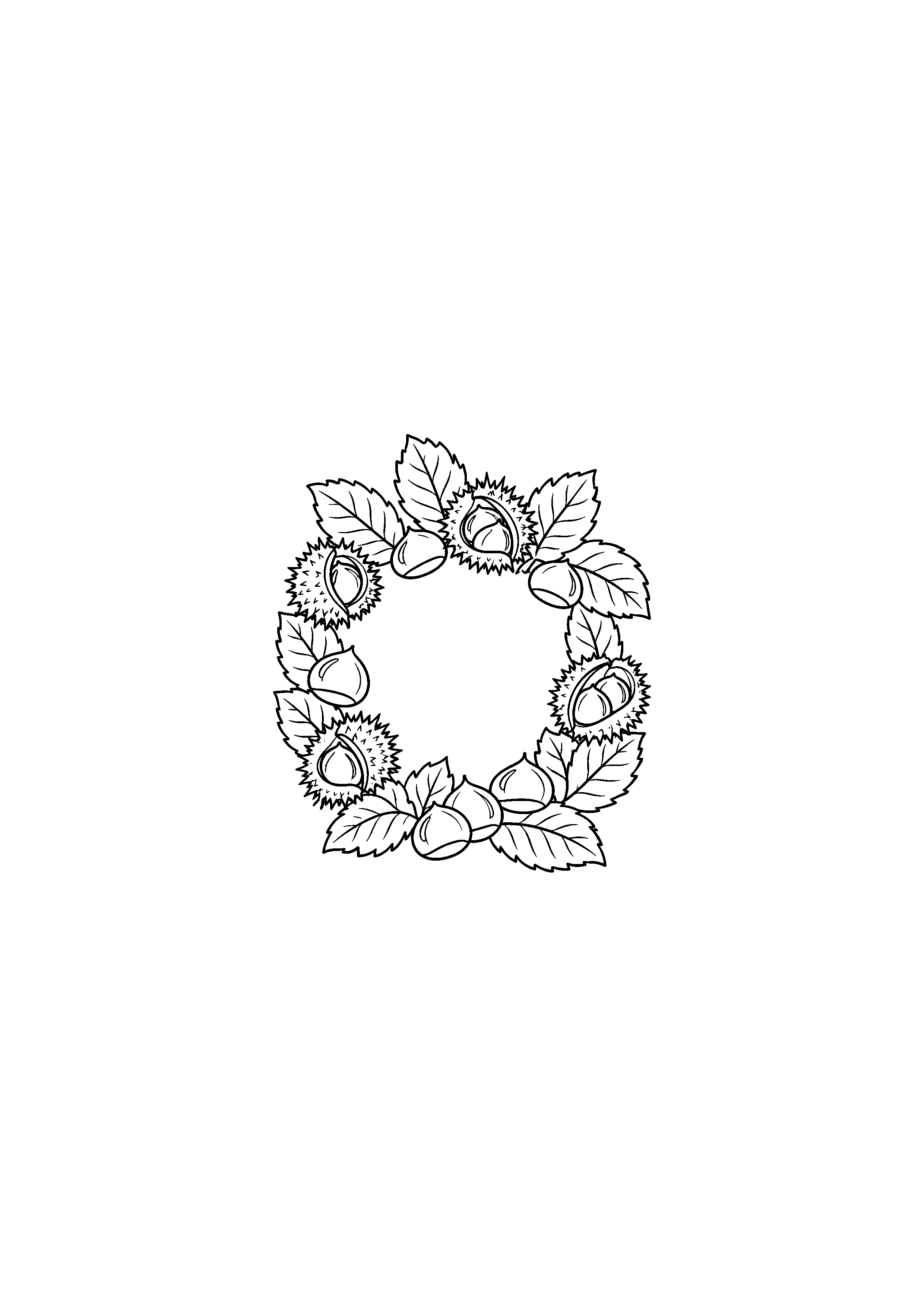 Coloriage couronne d'automne avec châtaignes et feuilles à imprimer