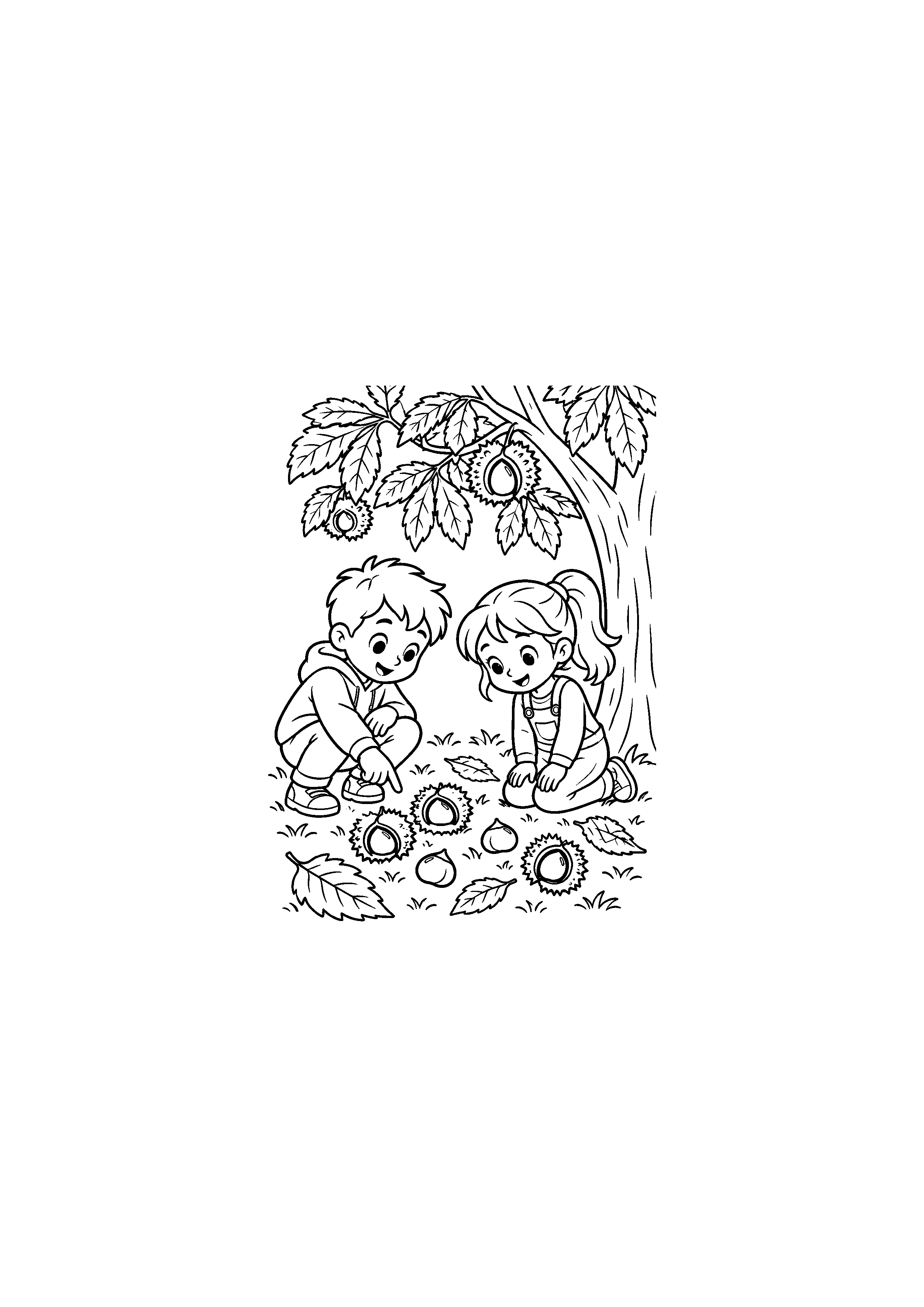 Coloriage enfants découvrant des châtaignes sous l'arbre à imprimer