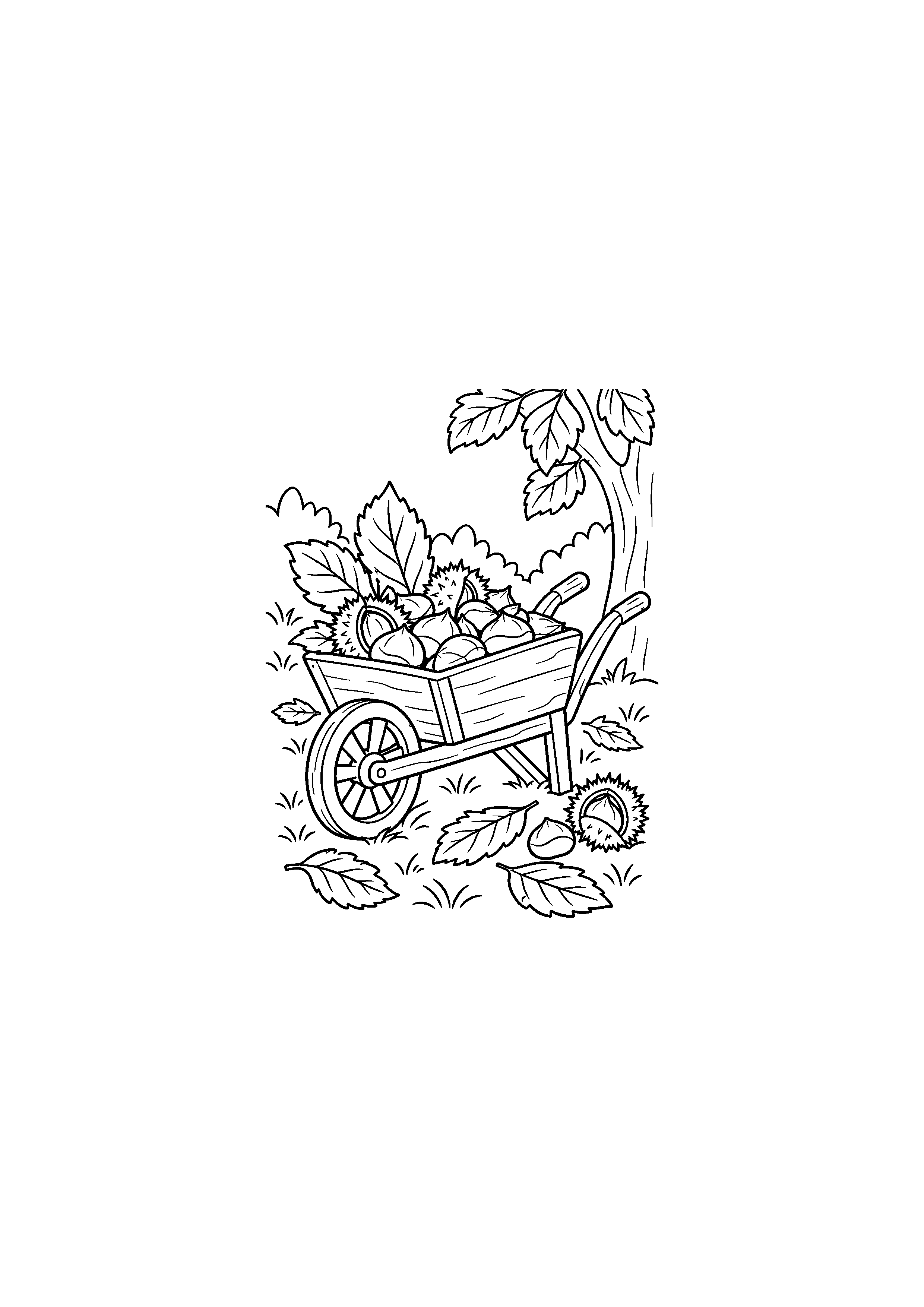 Coloriage brouette remplie de châtaignes au jardin à imprimer