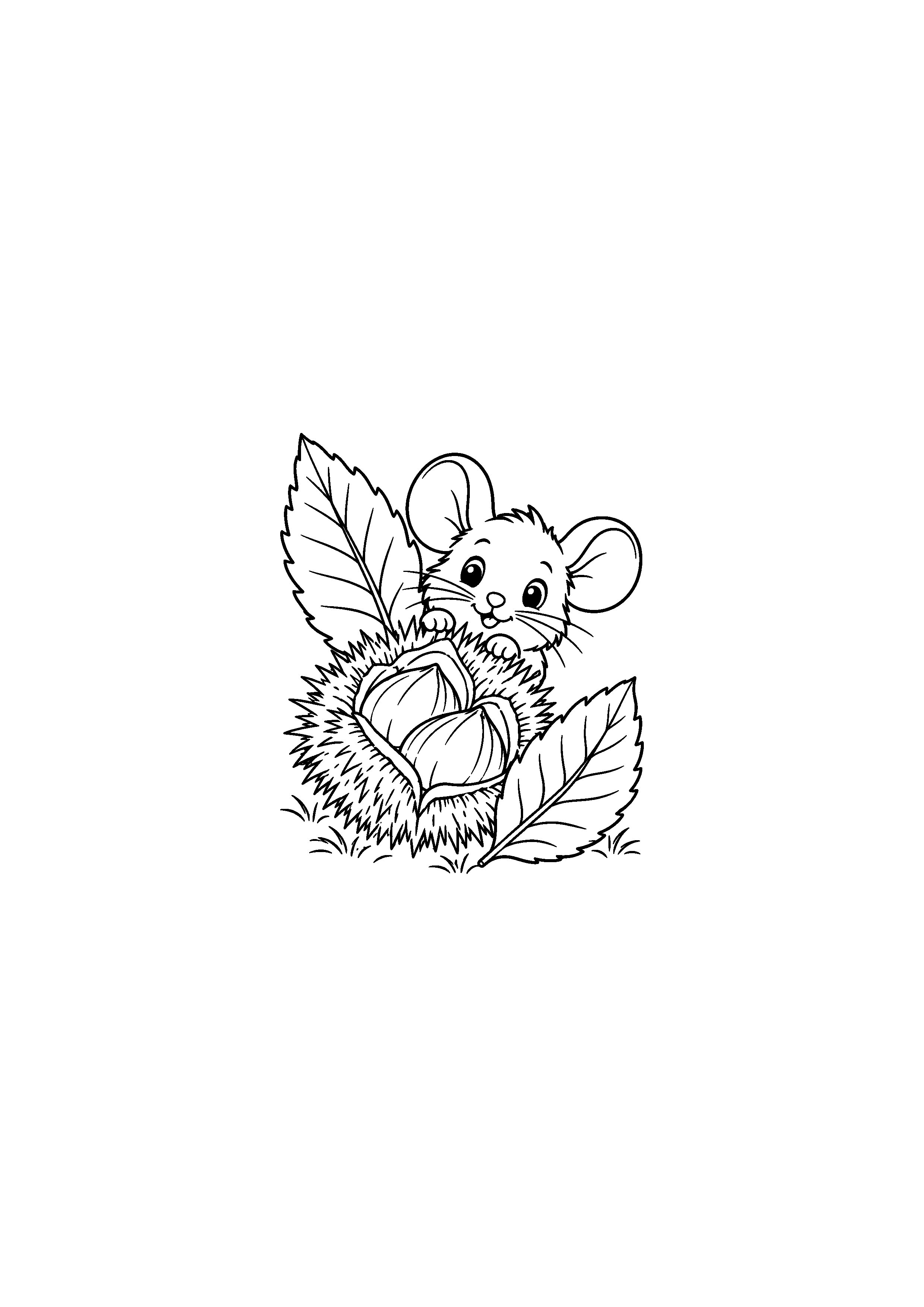 Coloriage petite souris derrière une bogue de châtaigne à imprimer
