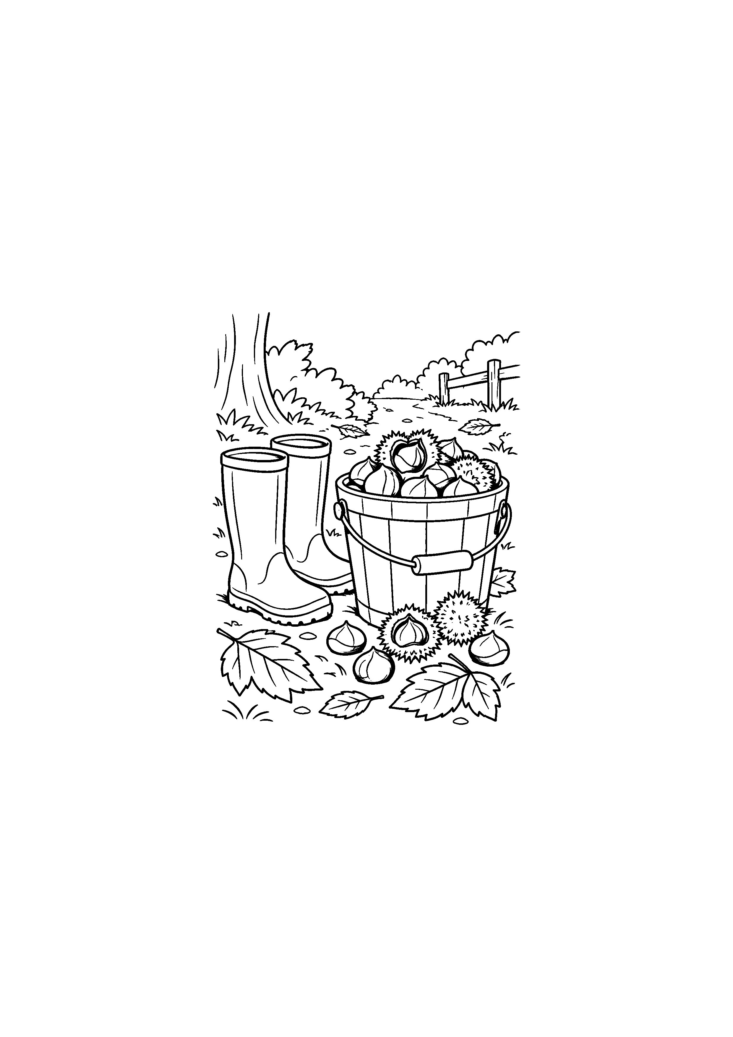 Coloriage bottes de pluie et seau de châtaignes à imprimer