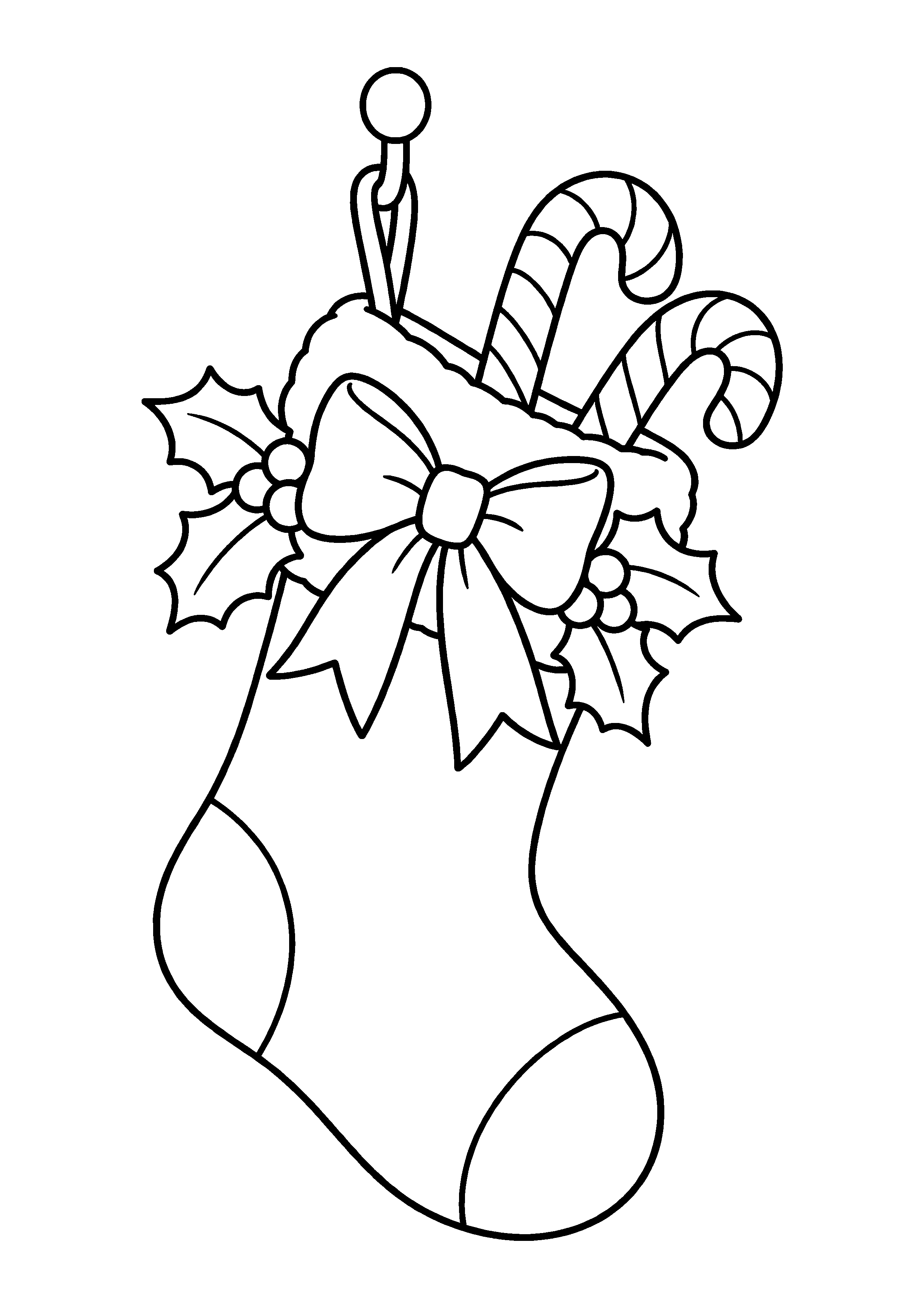 Coloriage Une grande chaussette avec houx, nœud et deux sucres d’orge de Noël à imprimer gratuitement