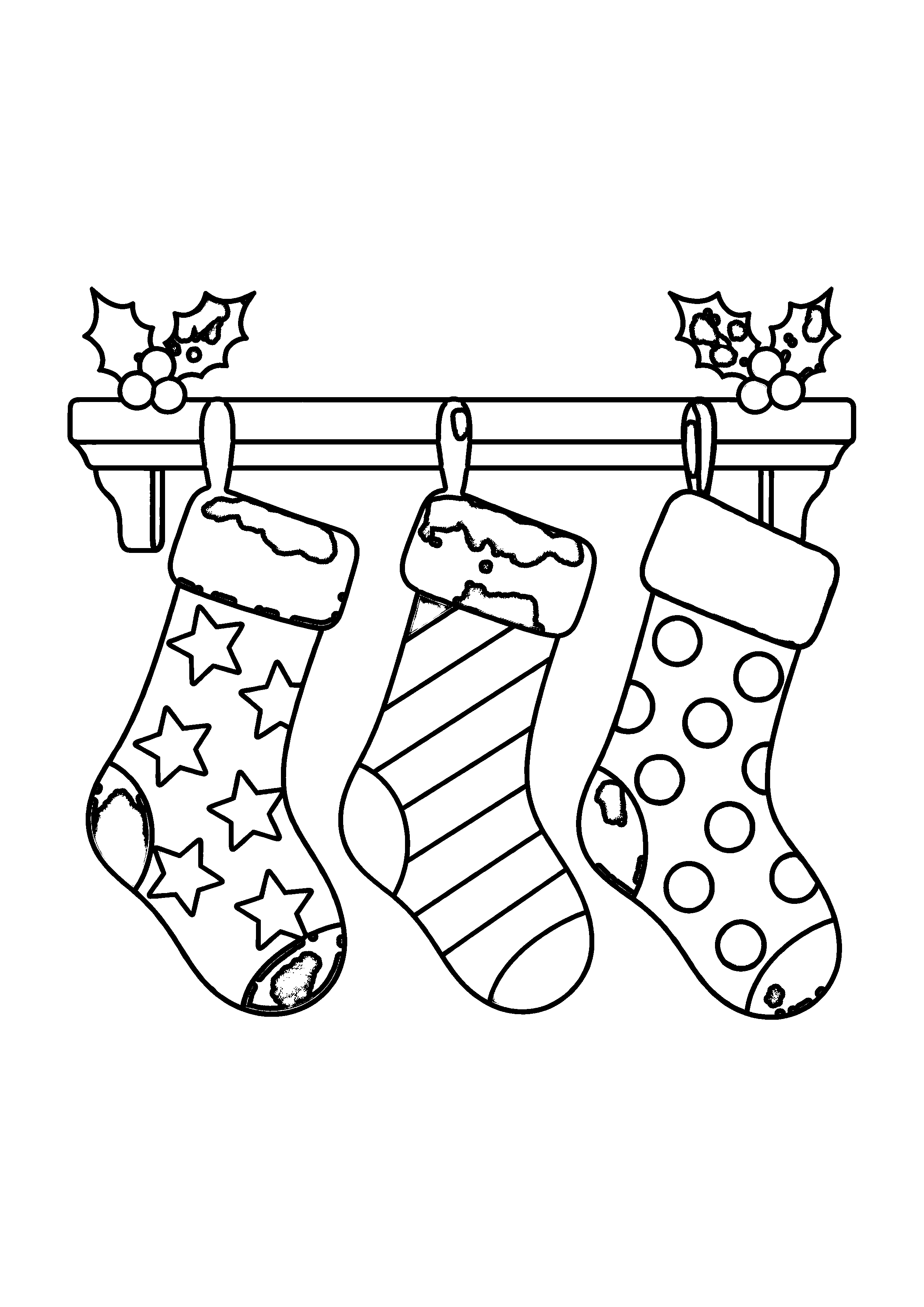 Coloriage Trois chaussettes différentes suspendues à une cheminée de Noël à imprimer gratuitement