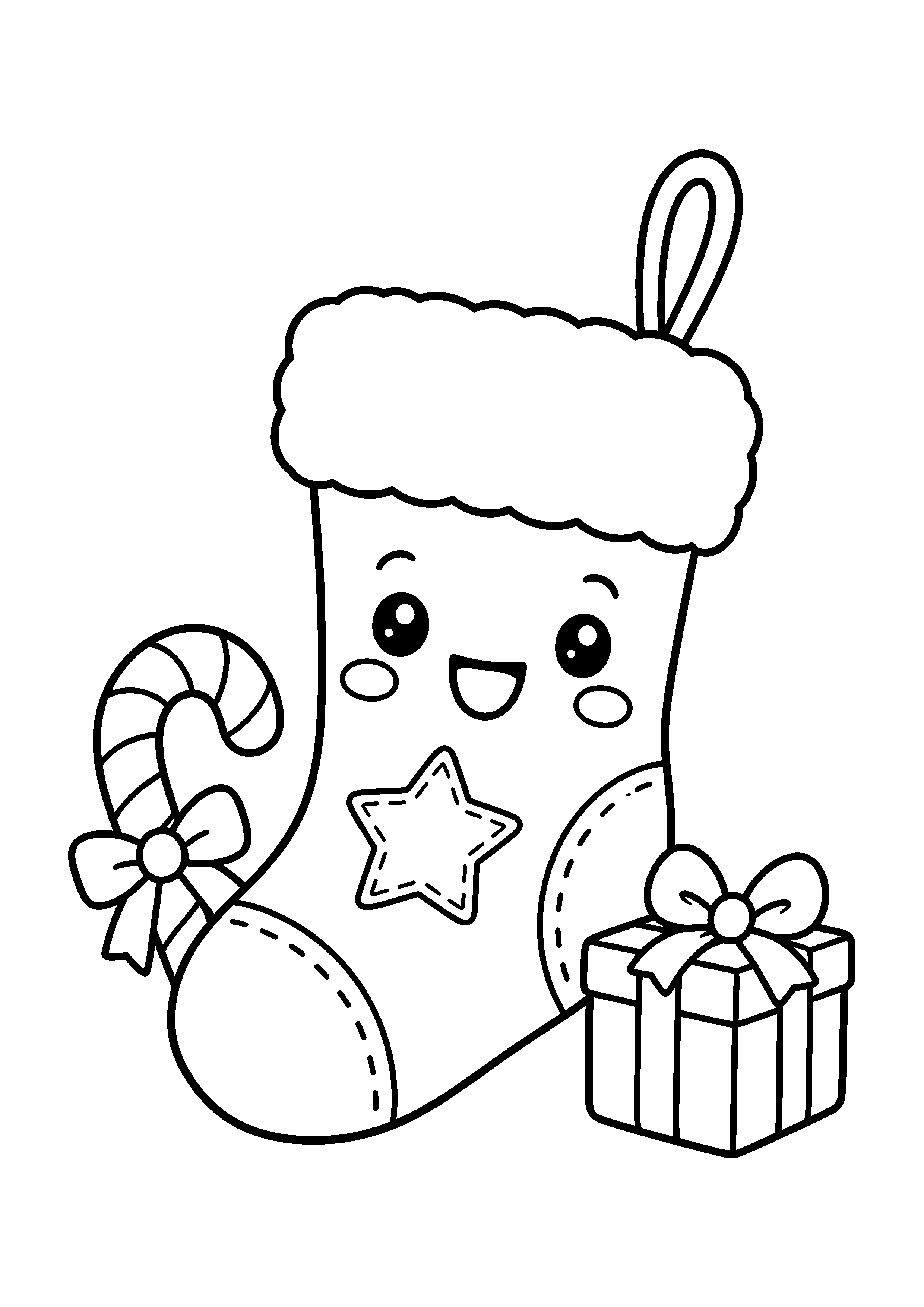 Coloriage Une chaussette de Noël kawaii avec cadeau et sucre d’orge de Noël à imprimer gratuitement
