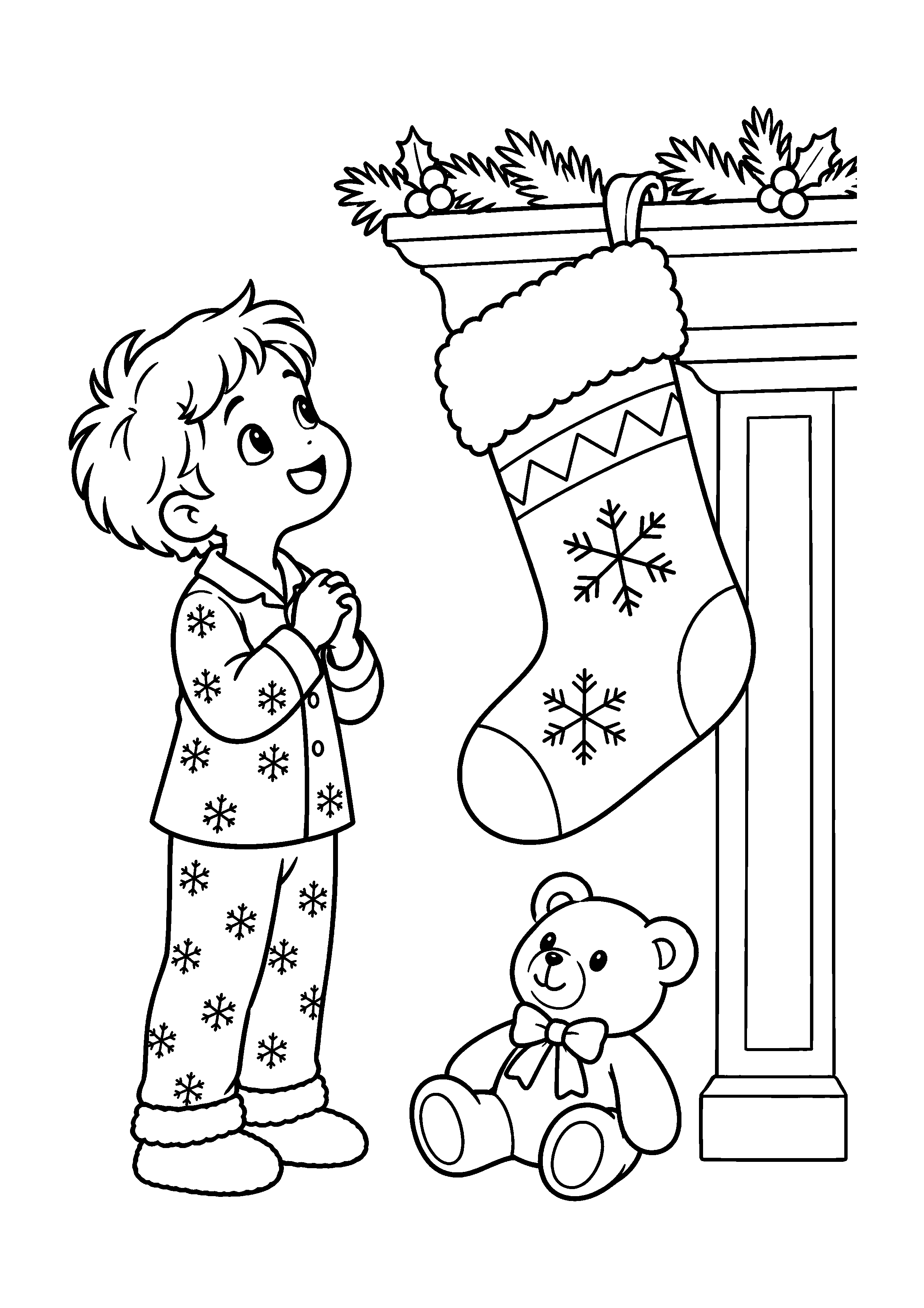 Coloriage Un enfant en pyjama regarde une grande chaussette de Noël à imprimer gratuitement