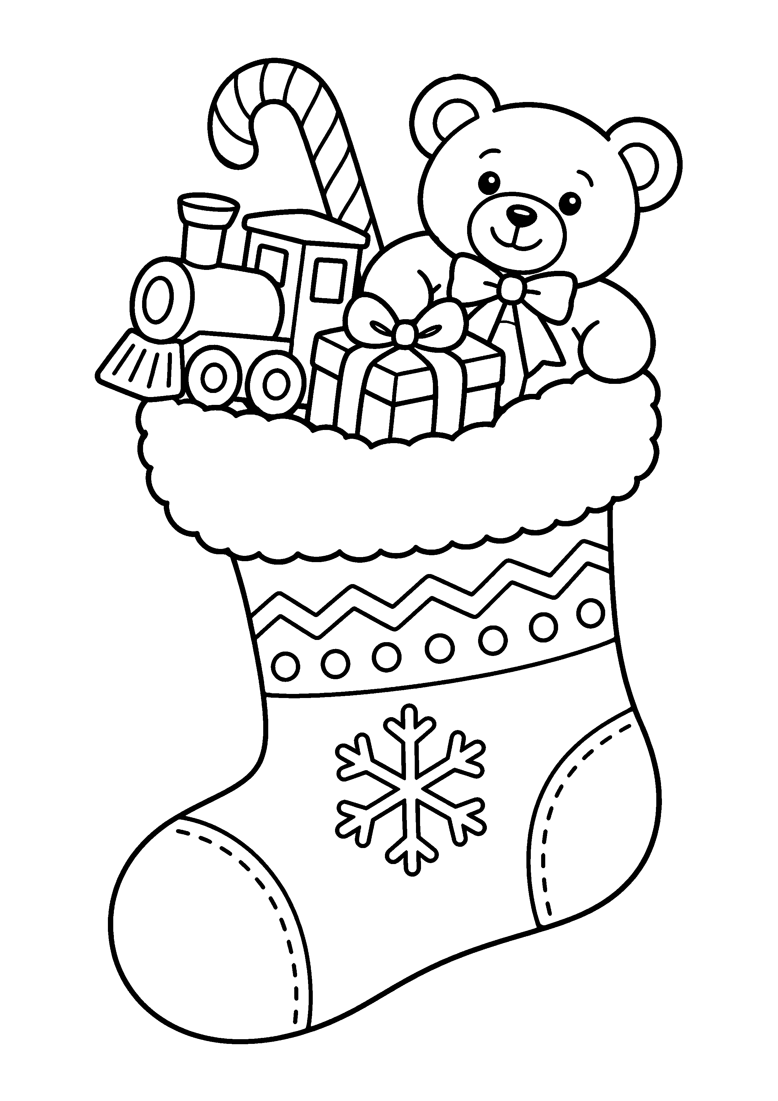 Coloriage Une chaussette remplie de jouets et de cadeaux de Noël à imprimer gratuitement