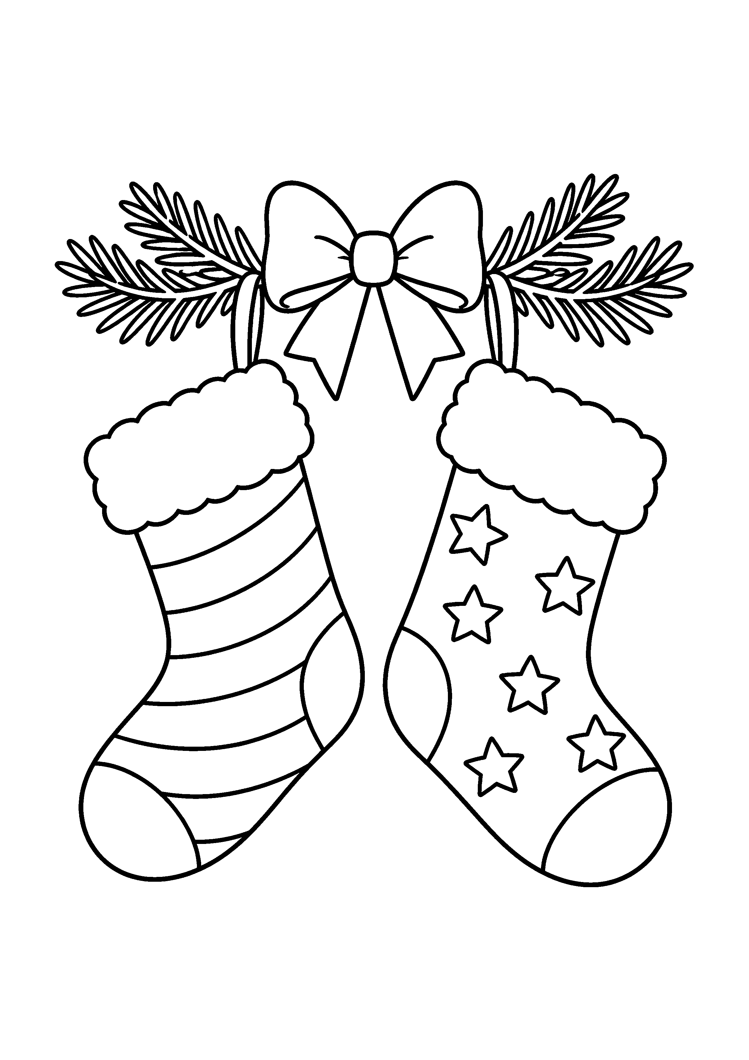 Coloriage Deux chaussettes assorties suspendues à une branche de sapin de Noël à imprimer gratuitement