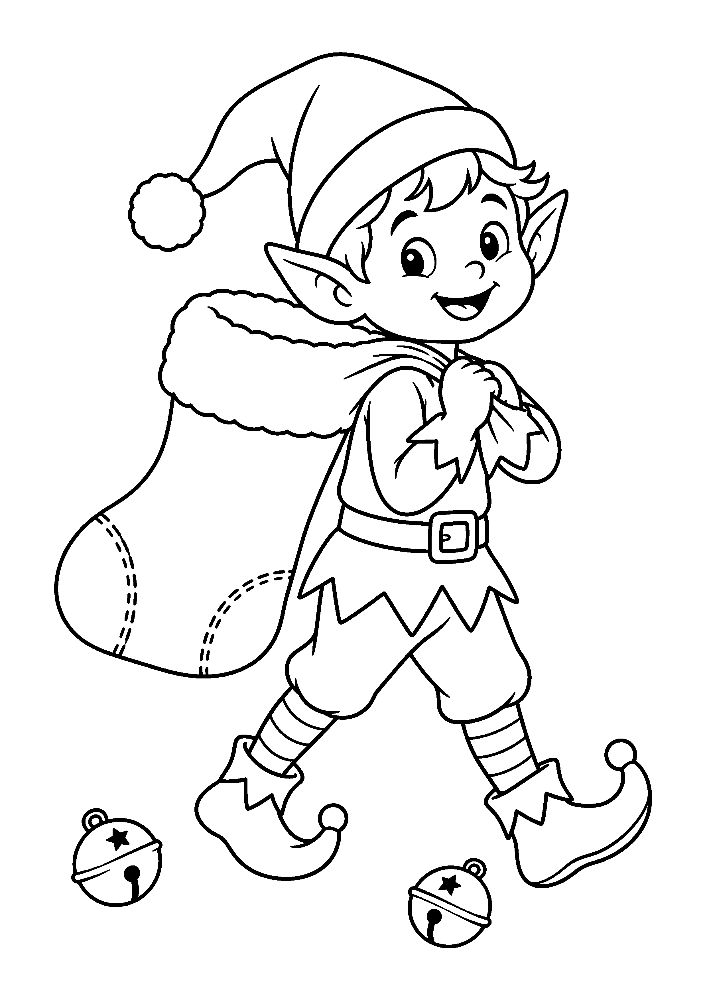 Coloriage Un lutin porte une grande chaussette de Noël à imprimer gratuitement