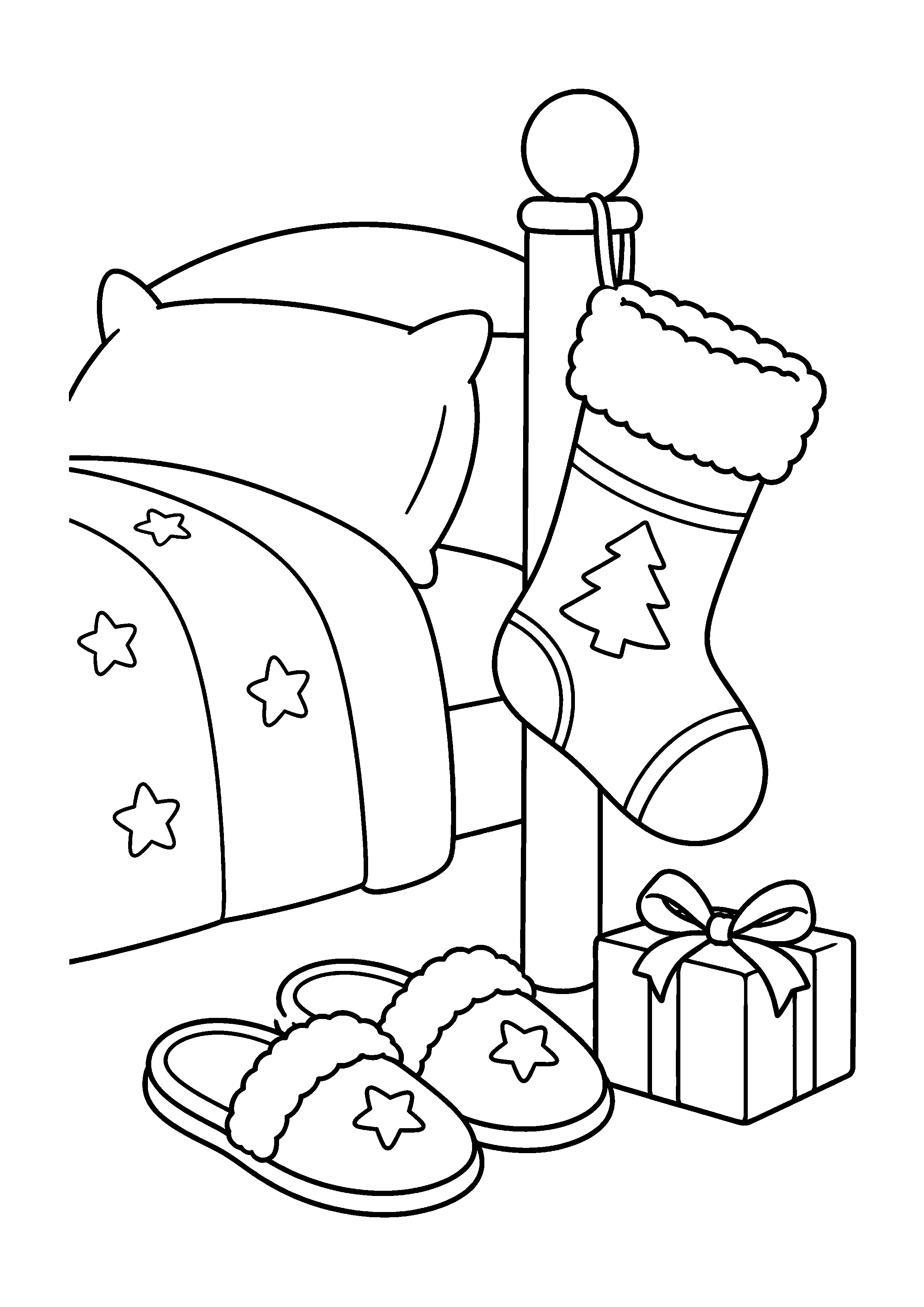 Coloriage Une chaussette suspendue au montant d’un lit d’enfant de Noël à imprimer gratuitement