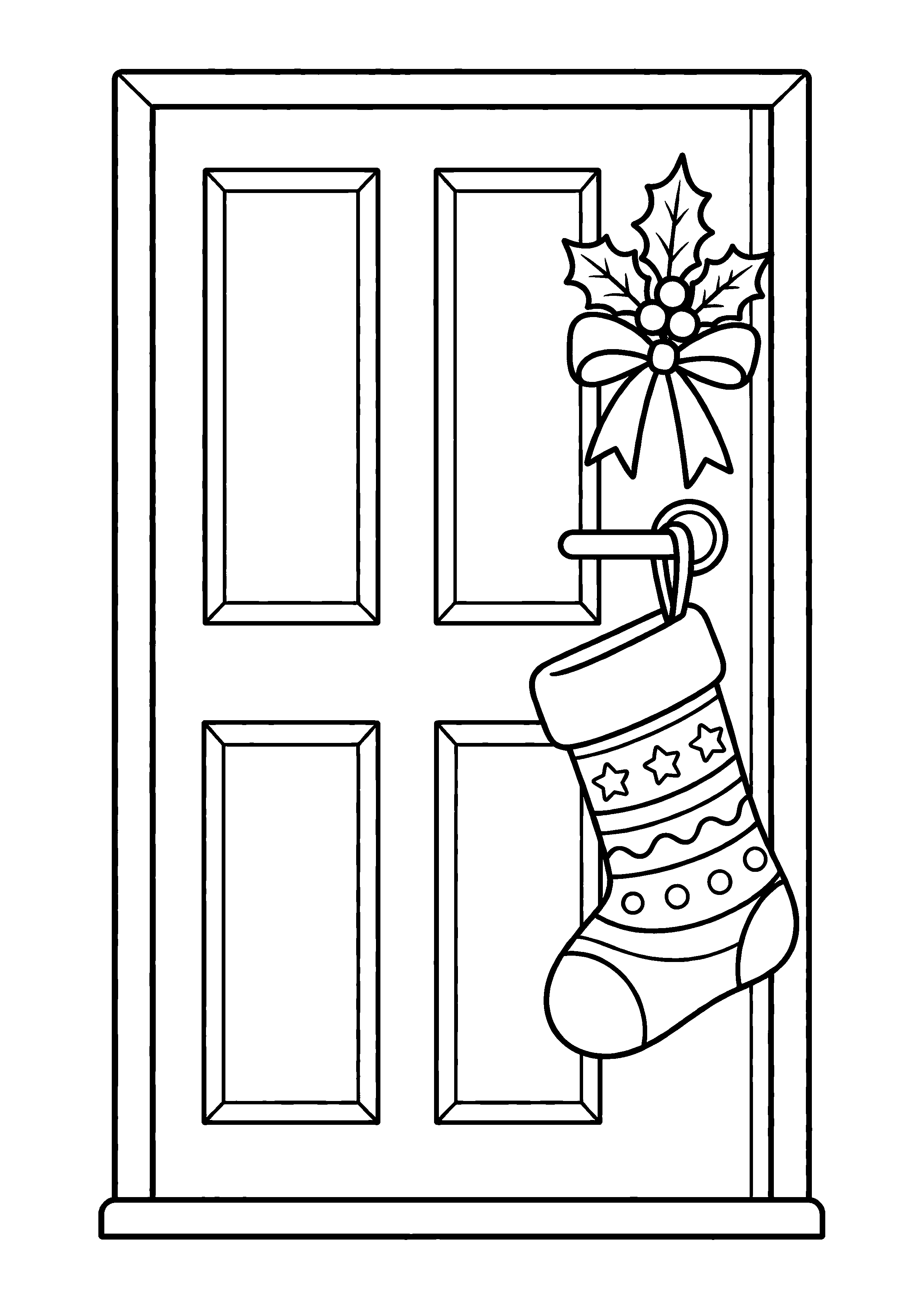 Coloriage Une chaussette accrochée à une porte décorée de Noël à imprimer gratuitement
