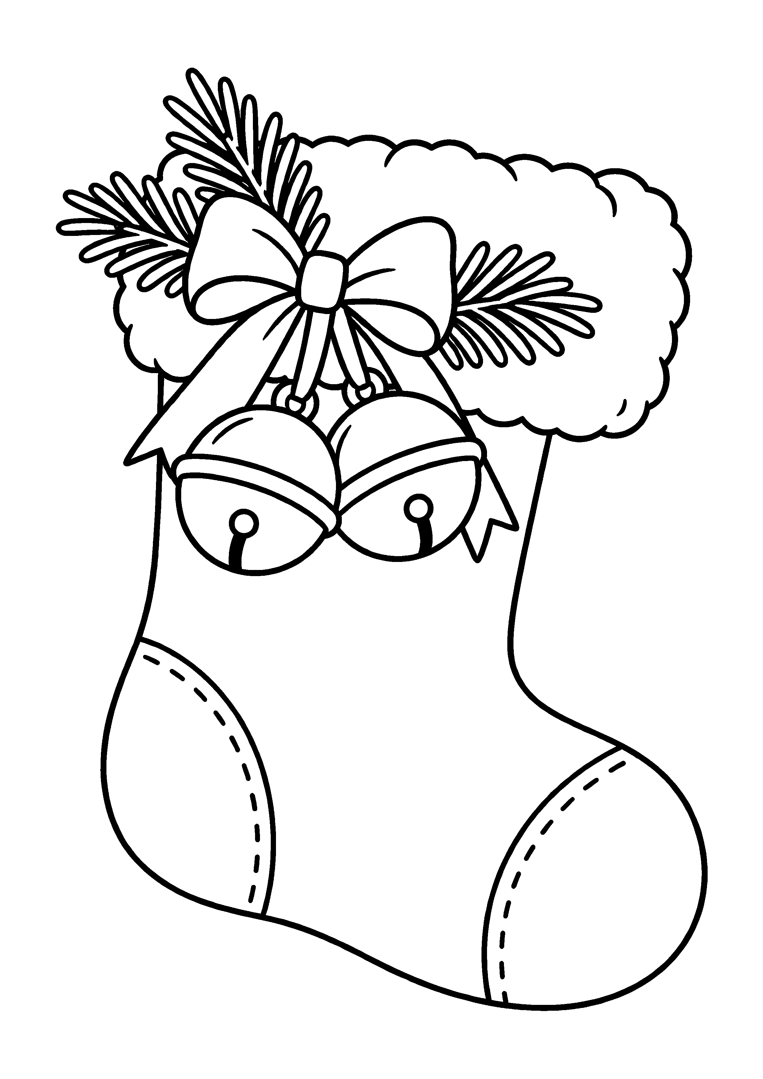 Coloriage Une chaussette en forme de botte avec cloches et sapin de Noël à imprimer gratuitement