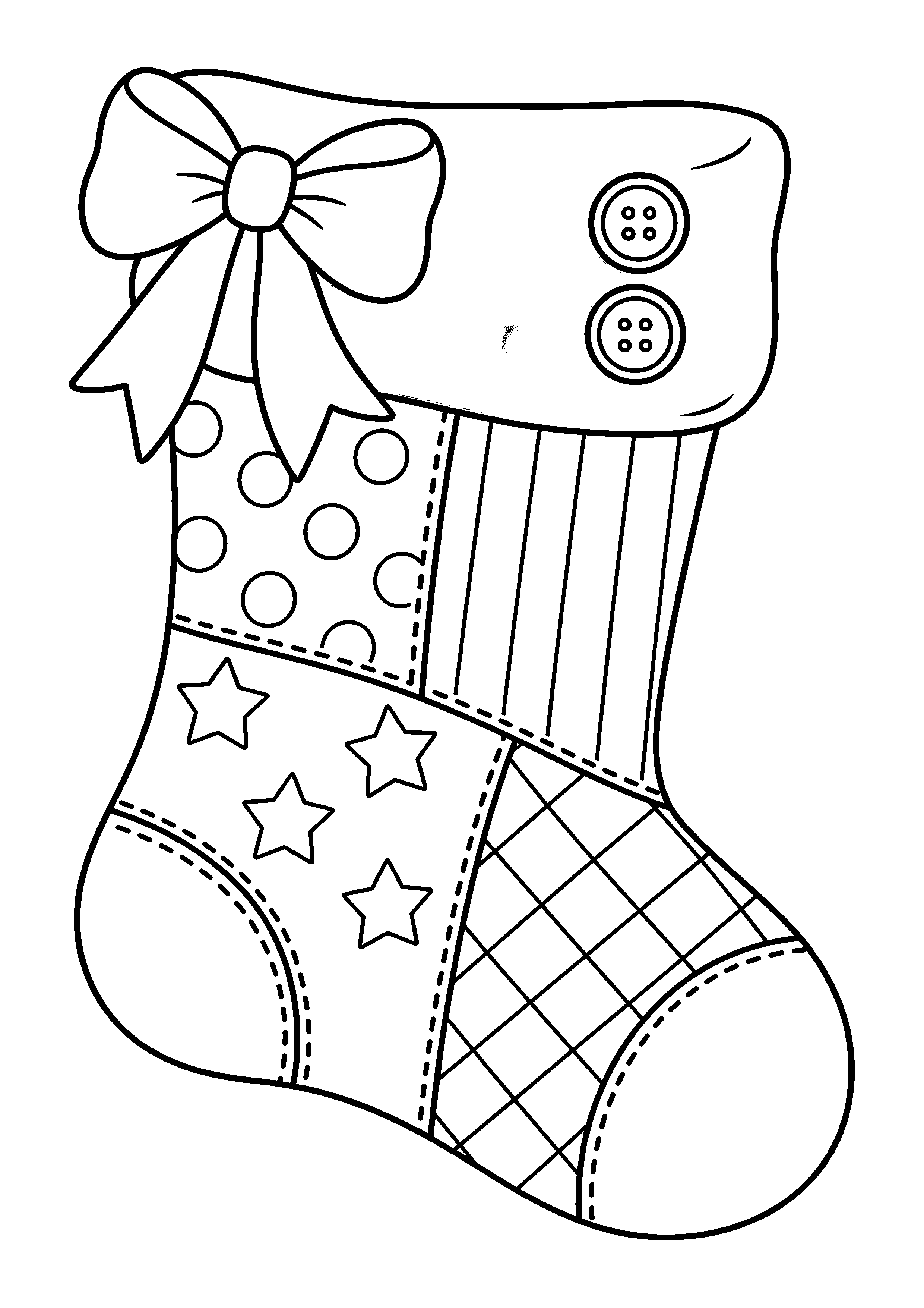 Coloriage Une chaussette patchwork avec nœud et boutons de Noël à imprimer gratuitement