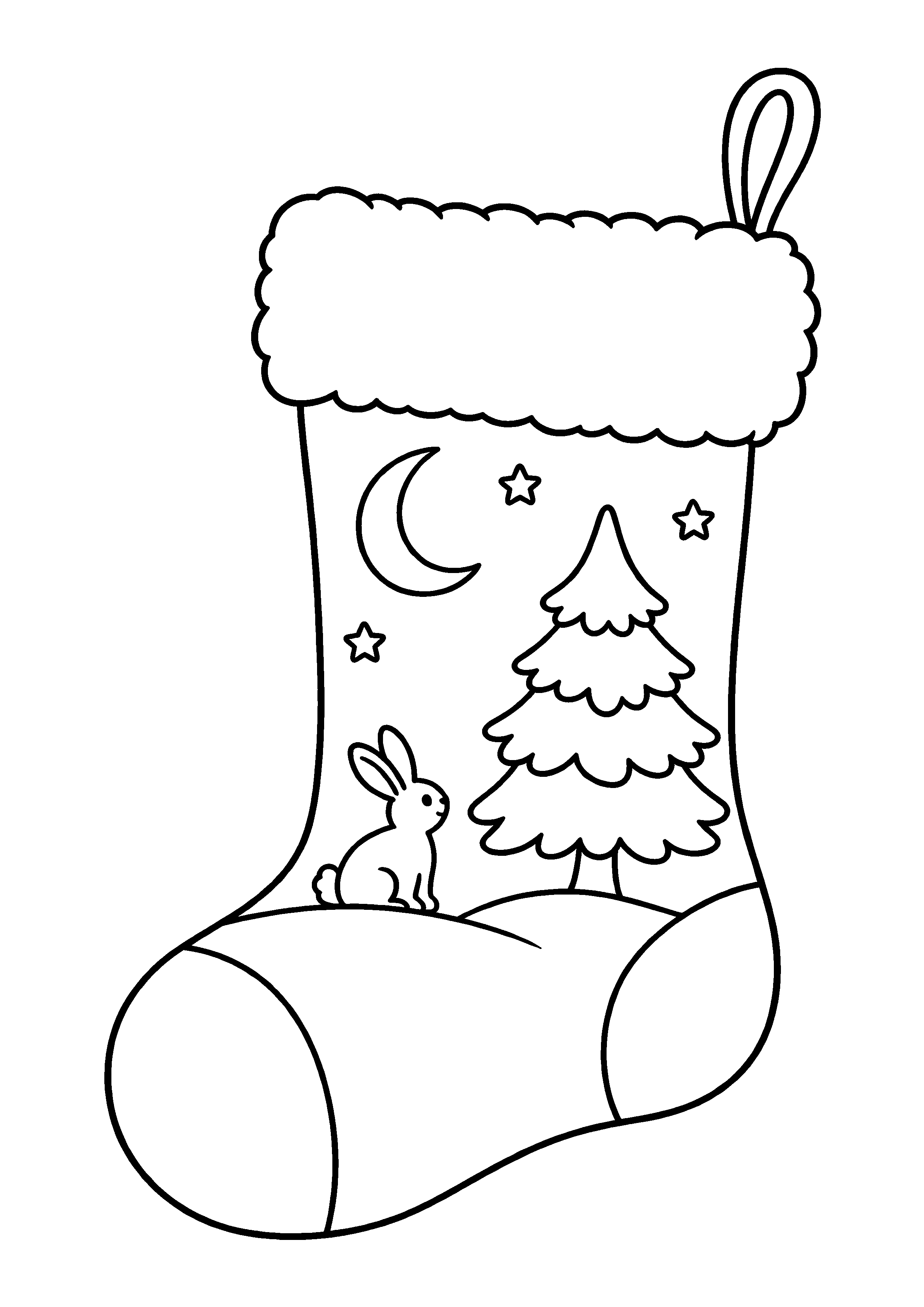 Coloriage Une chaussette illustrée d’un paysage de forêt de Noël à imprimer gratuitement