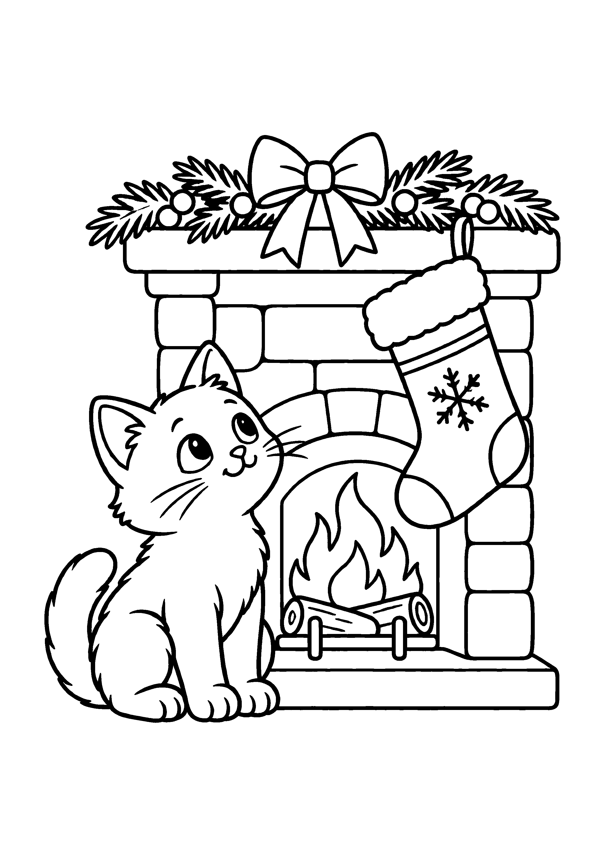 Coloriage Un chat observe une chaussette près de la cheminée de Noël à imprimer gratuitement