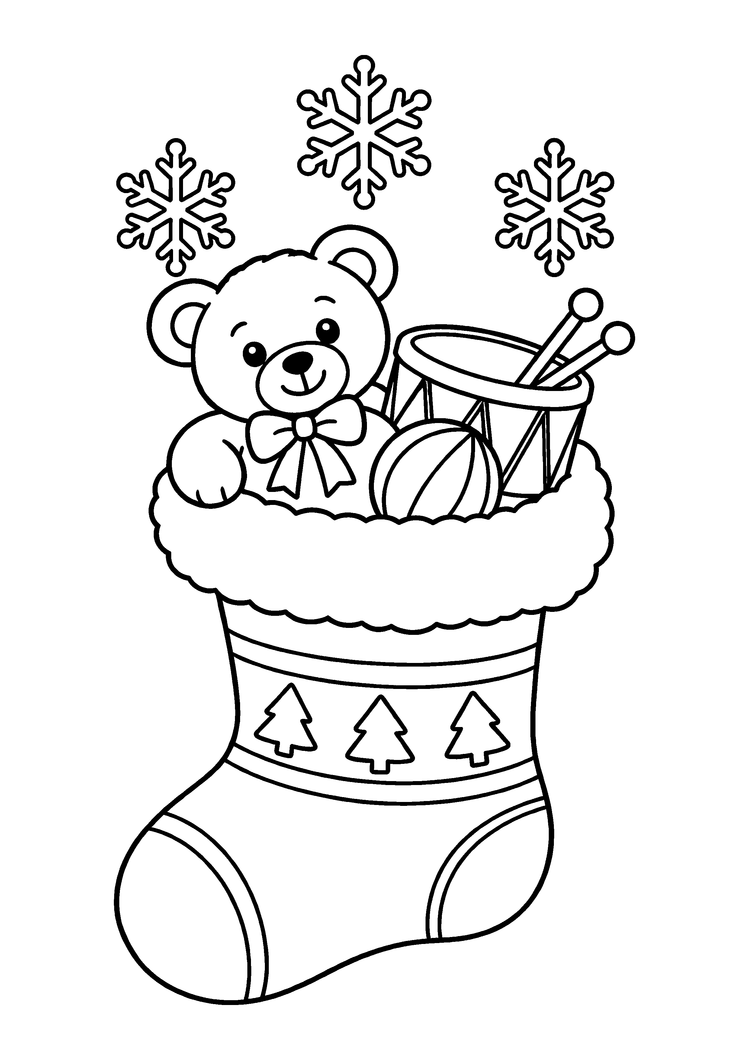 Coloriage Une chaussette remplie d’un ours, d’un tambour et d’un ballon de Noël à imprimer gratuitement