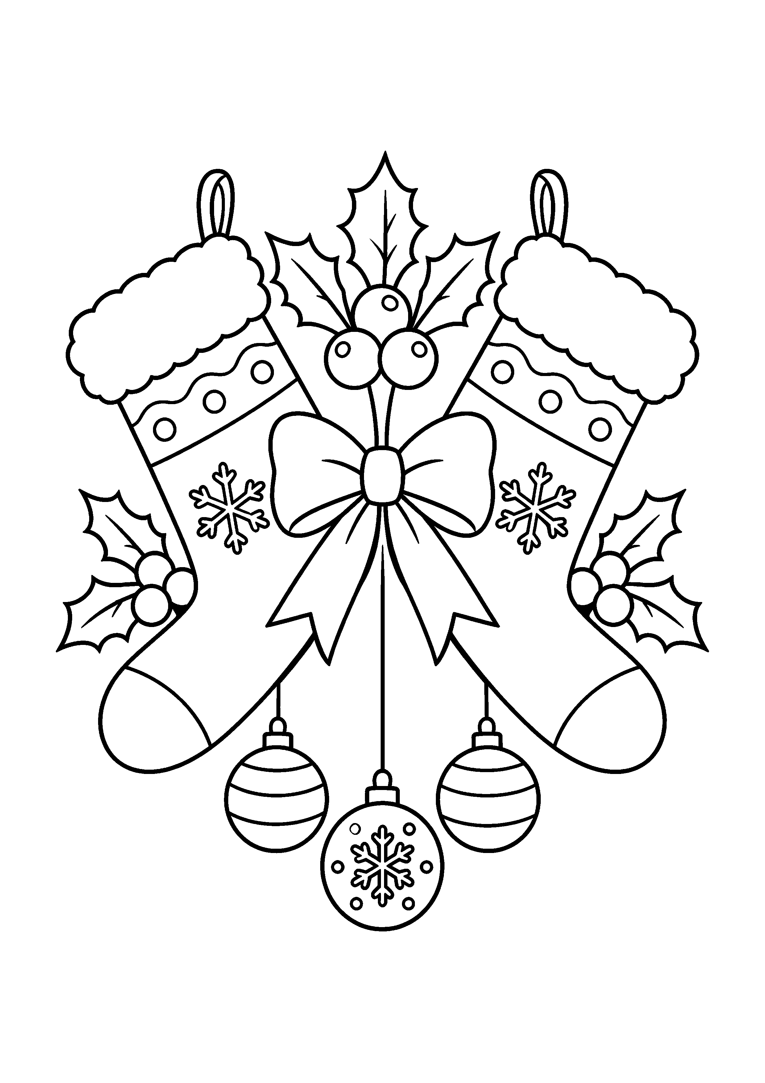 Coloriage Deux chaussettes croisées avec houx et boules de Noël à imprimer gratuitement