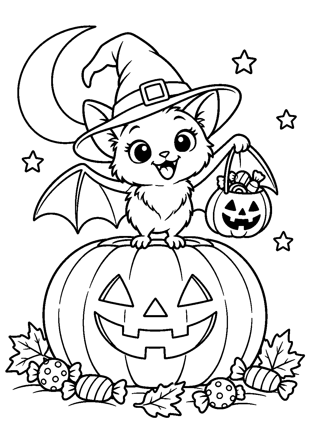 Coloriage d’une chauve-souris avec chapeau de sorcière sur une citrouille et des bonbons