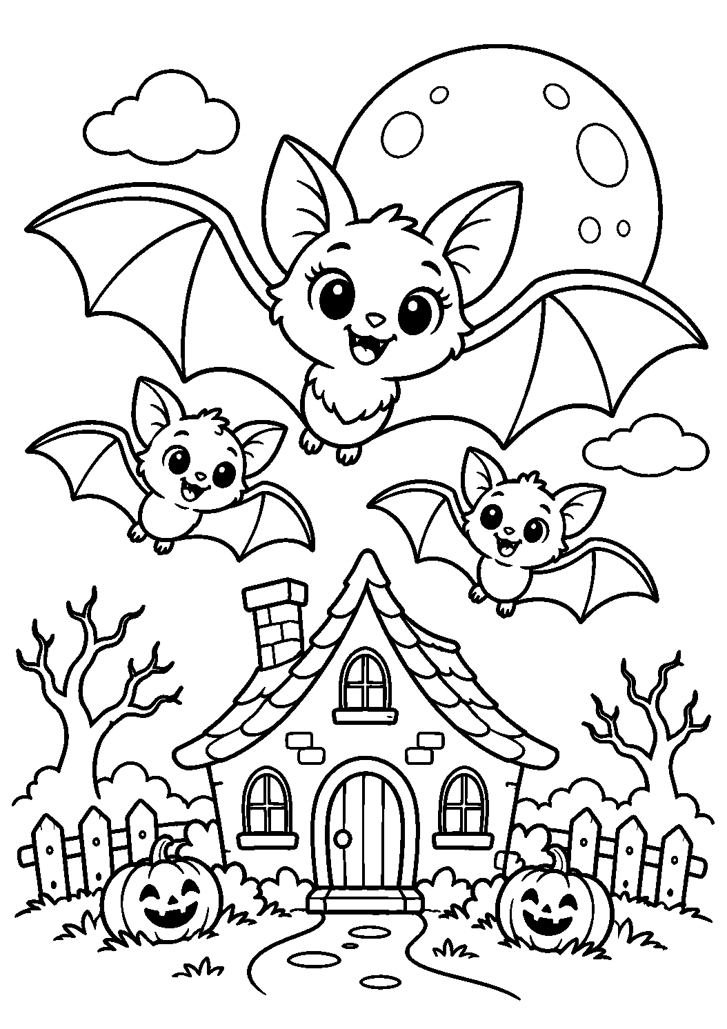 Coloriage d’une maman chauve-souris et ses petits au-dessus d’une maison hantée