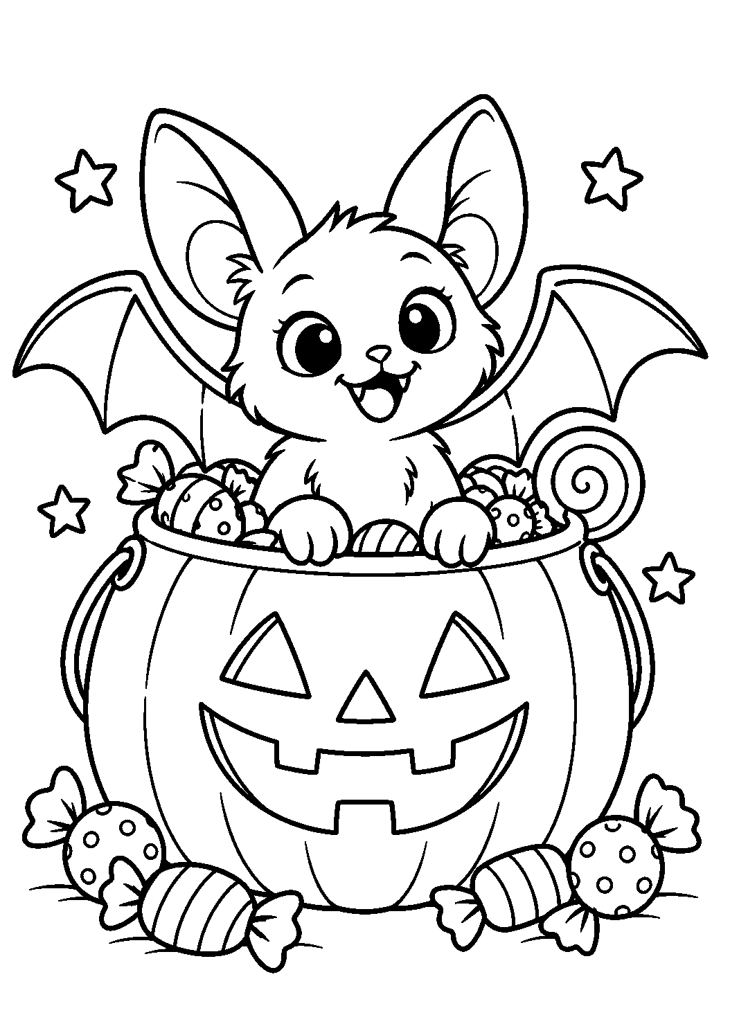 Coloriage d’une chauve-souris qui sort d’un panier citrouille rempli de bonbons