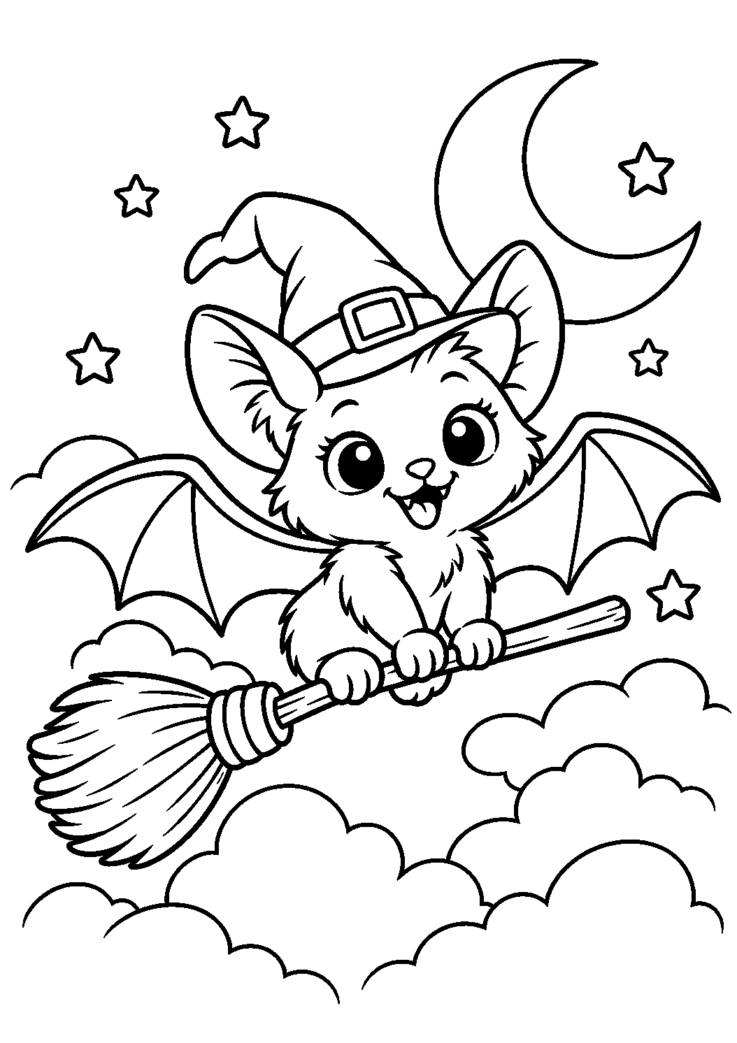 Coloriage d’une chauve-souris avec chapeau volant sur un balai dans les nuages