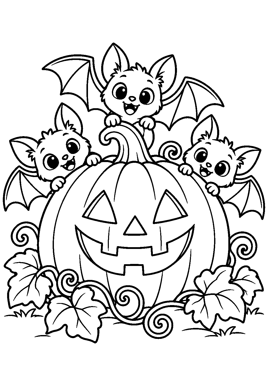 Coloriage de trois chauves-souris cachées derrière une grosse citrouille Halloween