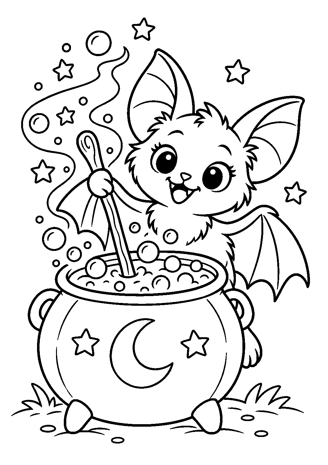 Coloriage d’une chauve-souris préparant une potion dans un chaudron