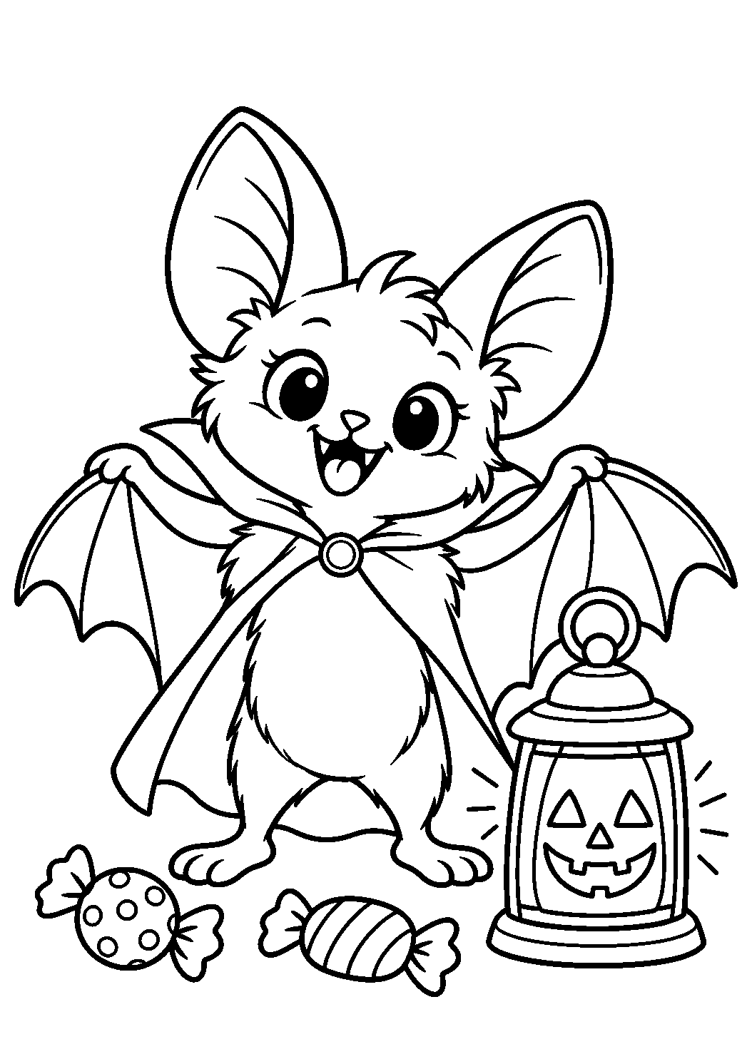 Coloriage d’une chauve-souris en cape de vampire avec une lanterne citrouille