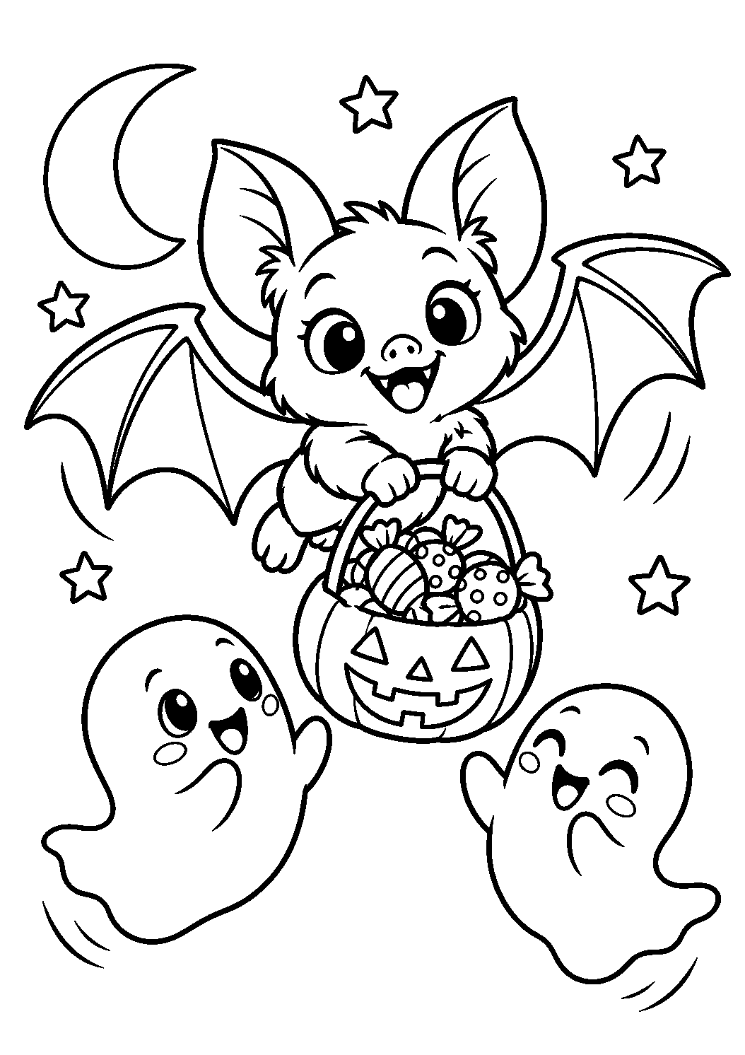Coloriage d’une chauve-souris apportant des bonbons à deux petits fantômes