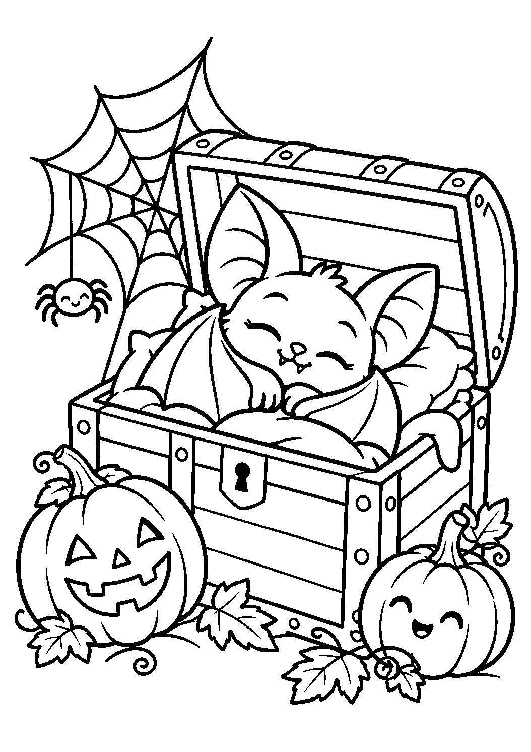 Coloriage d’une chauve-souris dormant dans un coffre près de citrouilles