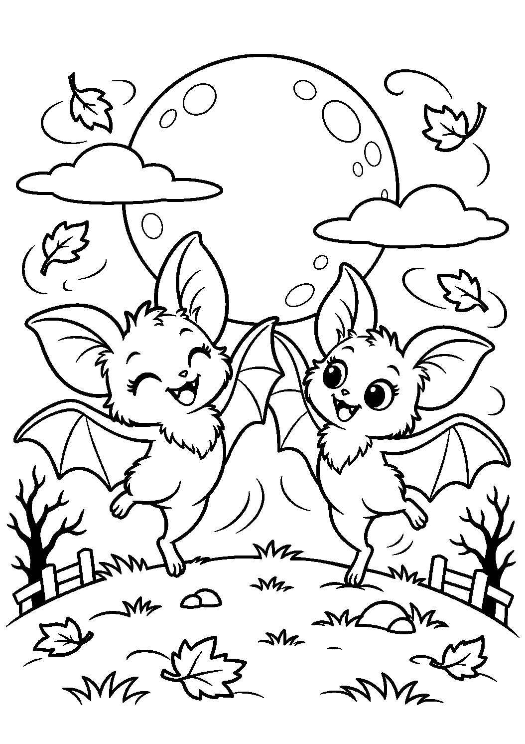 Coloriage de deux chauves-souris qui dansent sous la pleine lune