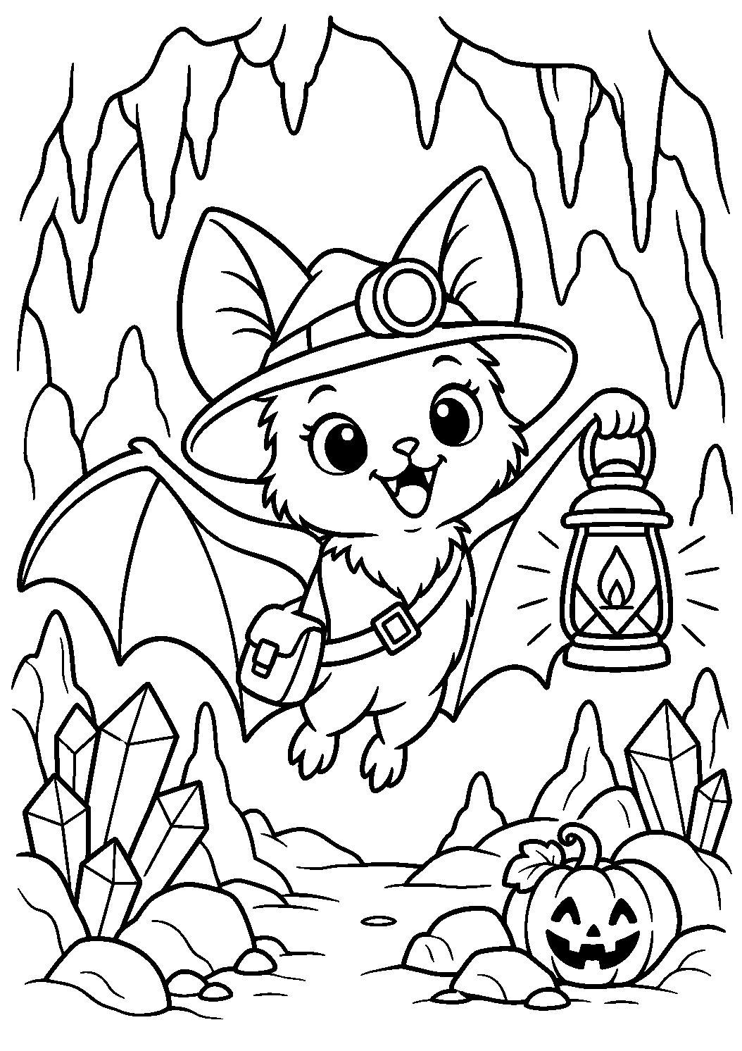Coloriage d’une chauve-souris exploratrice avec une lanterne dans une grotte