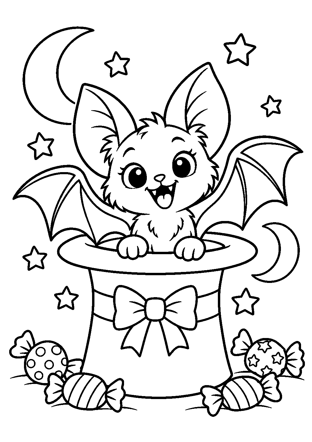 Coloriage d’une chauve-souris sortant d’un chapeau de magicien avec des bonbons