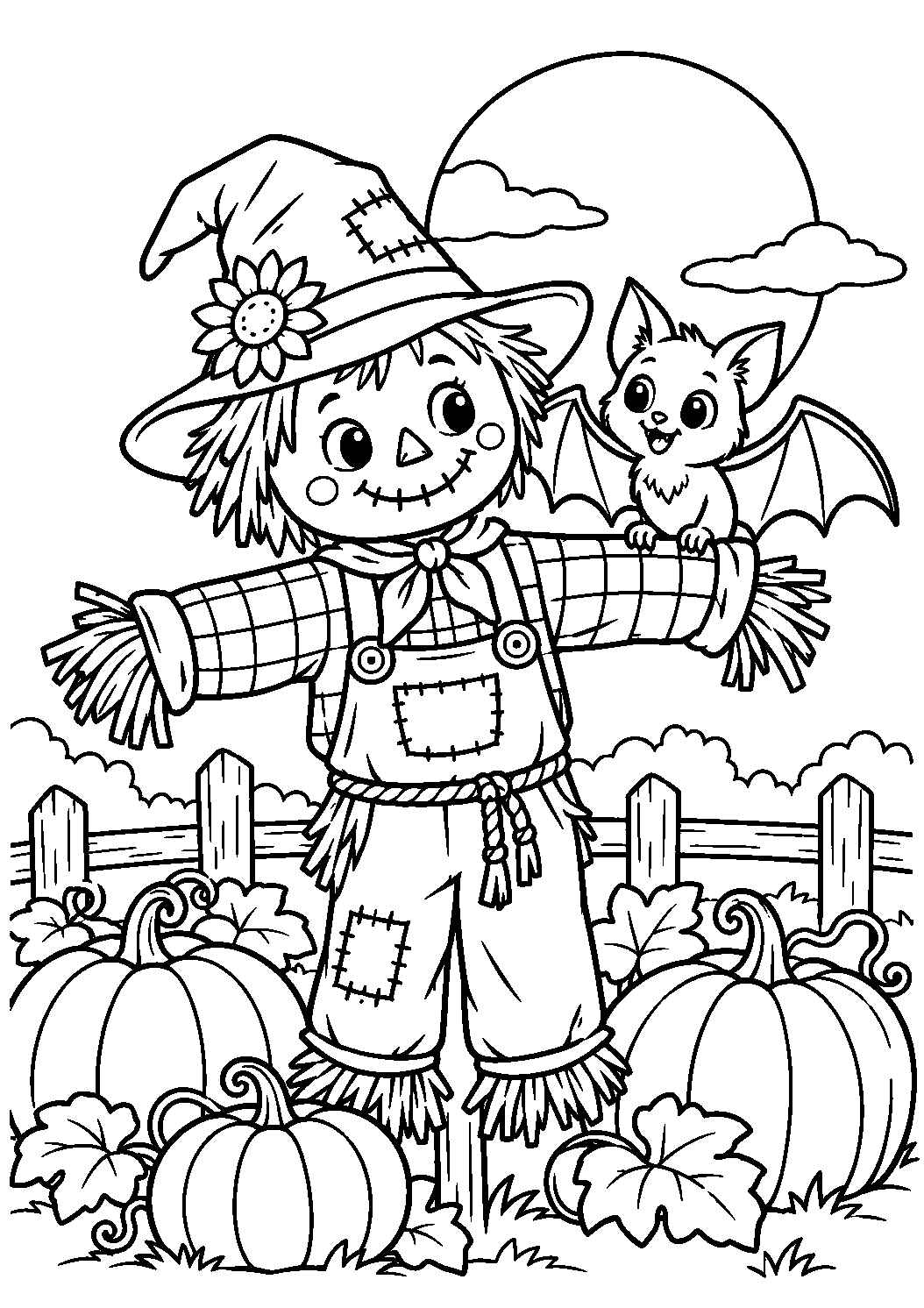 Coloriage d’une chauve-souris posée sur un épouvantail dans un champ de citrouilles