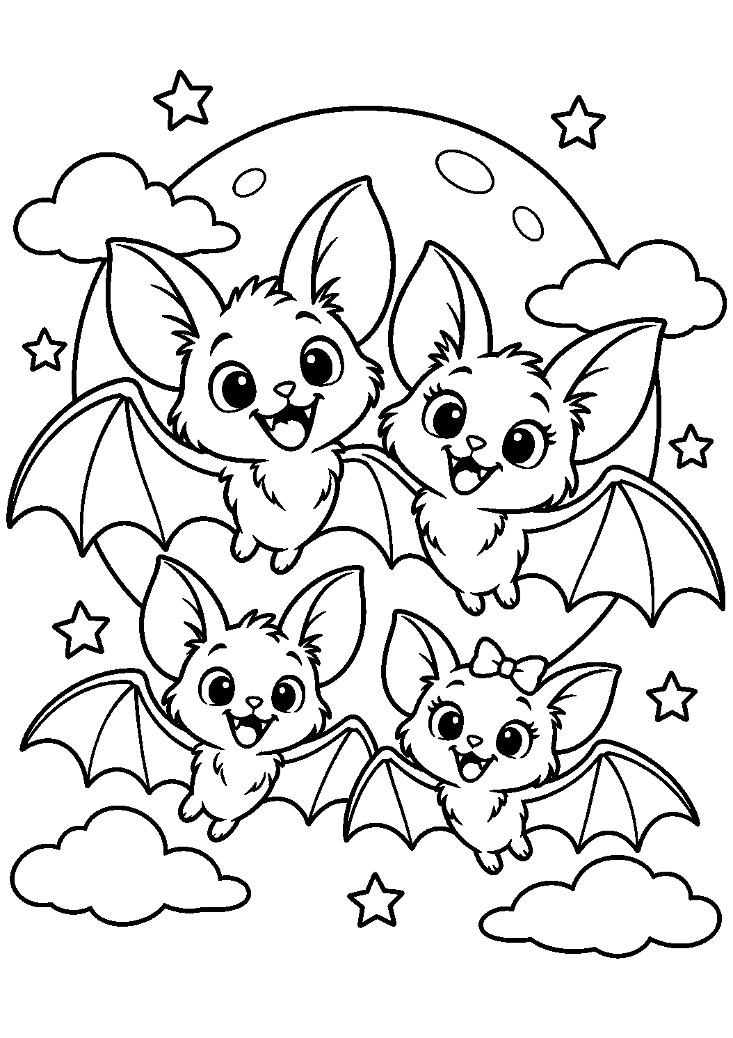 Coloriage d’une famille de quatre chauves-souris devant la pleine lune