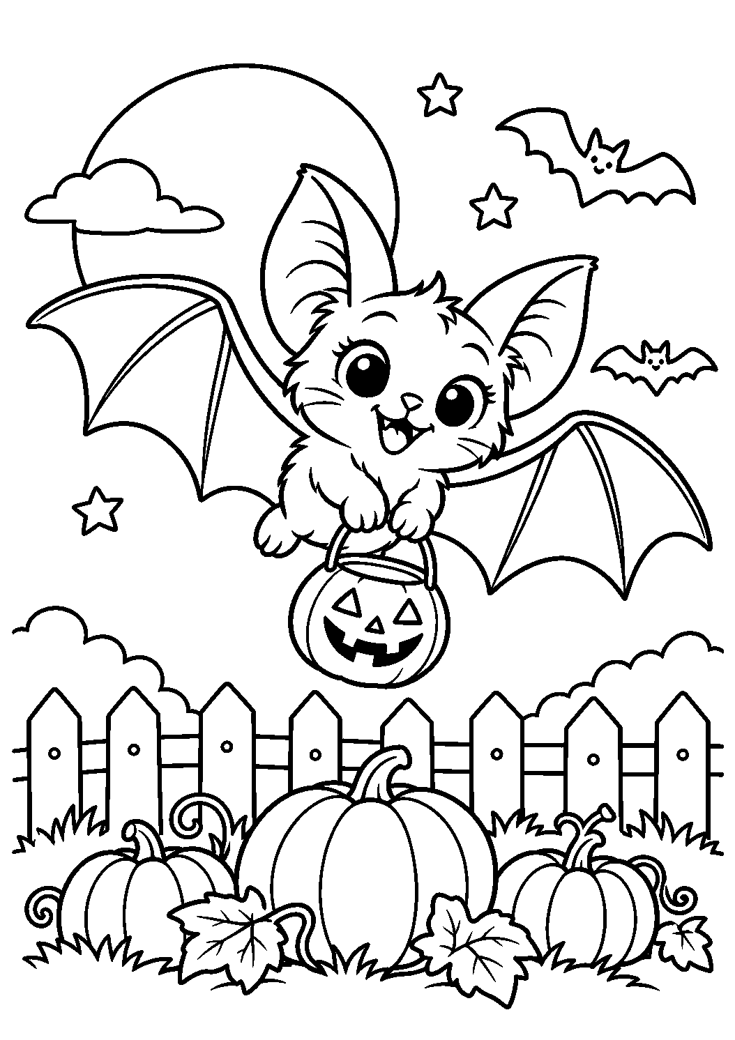 Coloriage d’une chauve-souris volant avec un panier citrouille près d’une clôture