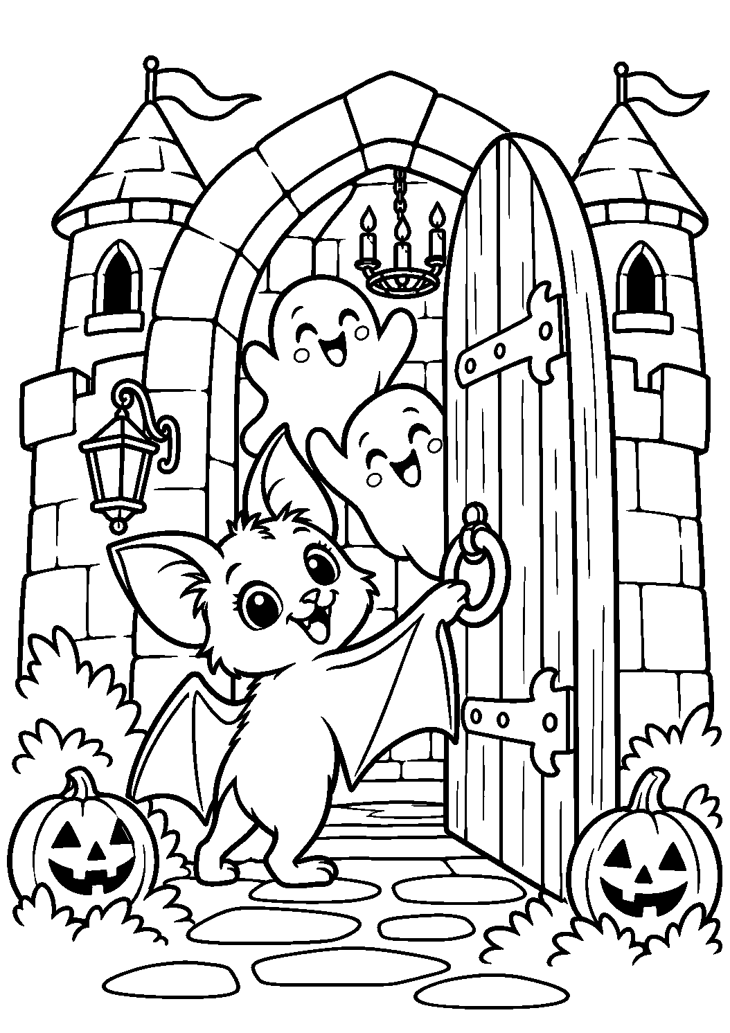 Coloriage d’une chauve-souris ouvrant la porte d’un château à des fantômes