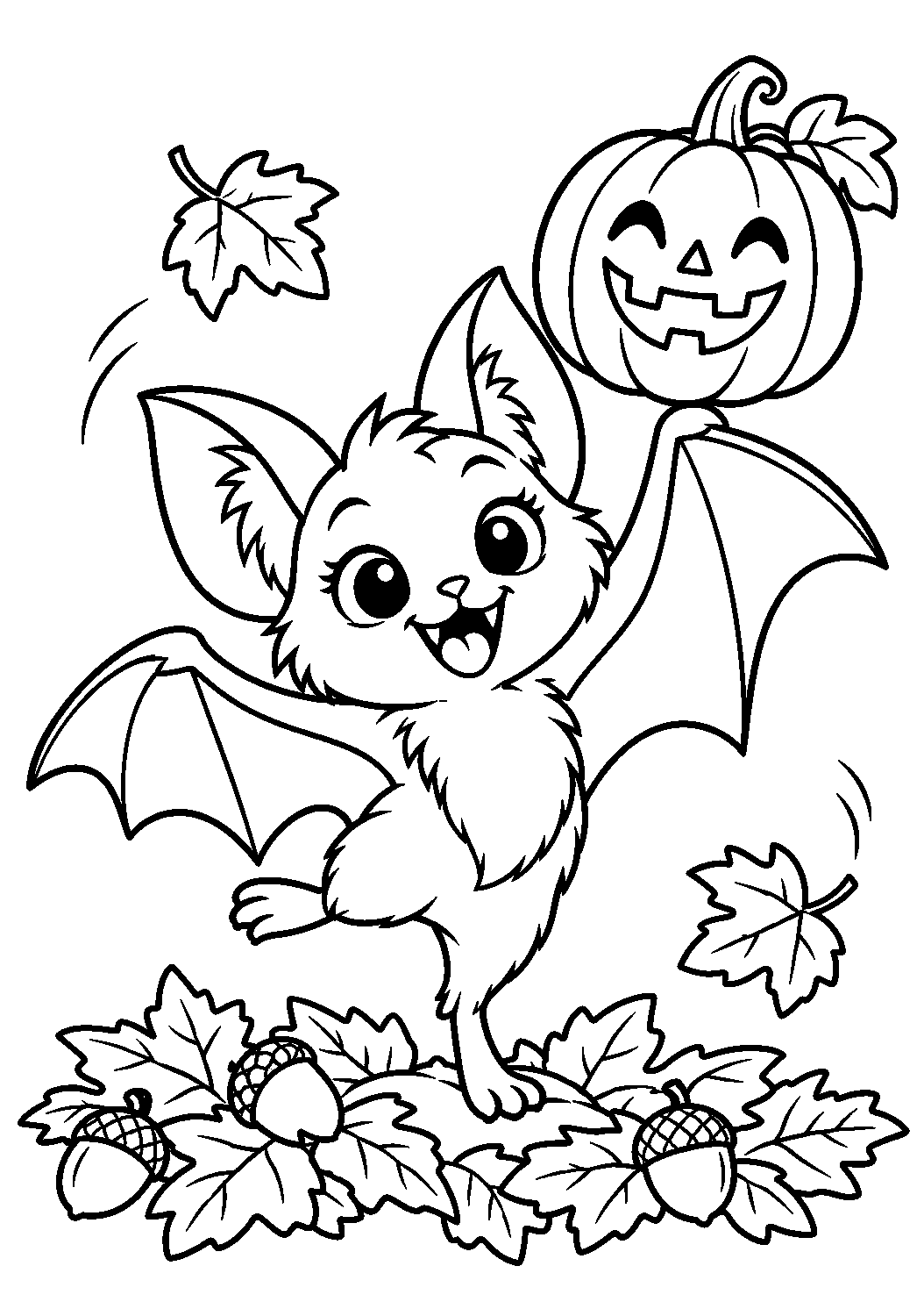 Coloriage d’une chauve-souris jouant avec une citrouille parmi les feuilles