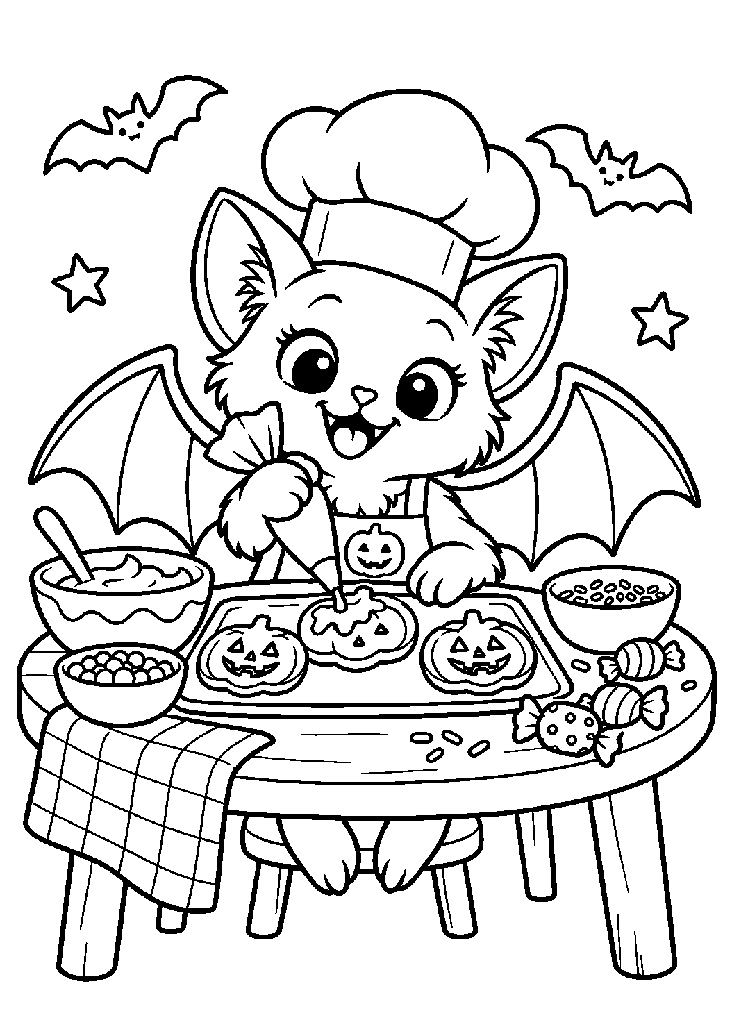 Coloriage d’une chauve-souris pâtissière décorant des biscuits citrouille