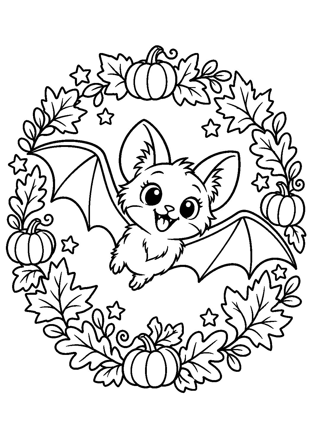 Coloriage d’une chauve-souris au centre d’une couronne de feuilles et citrouilles