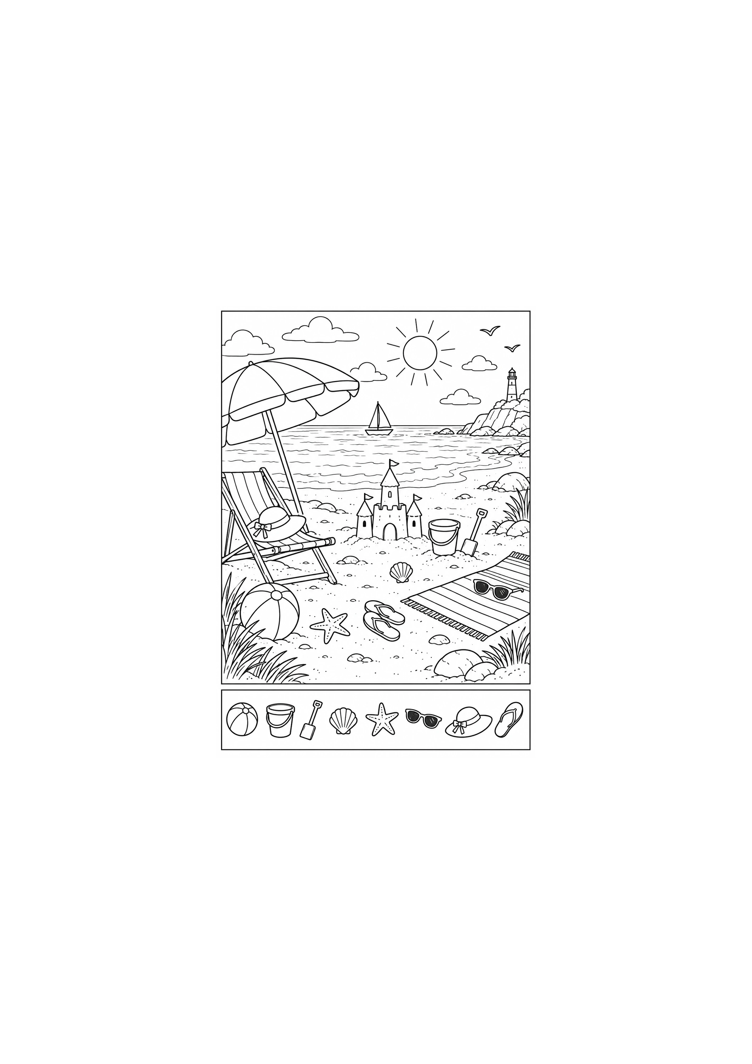 Coloriage plage avec 8 objets cachés à imprimer