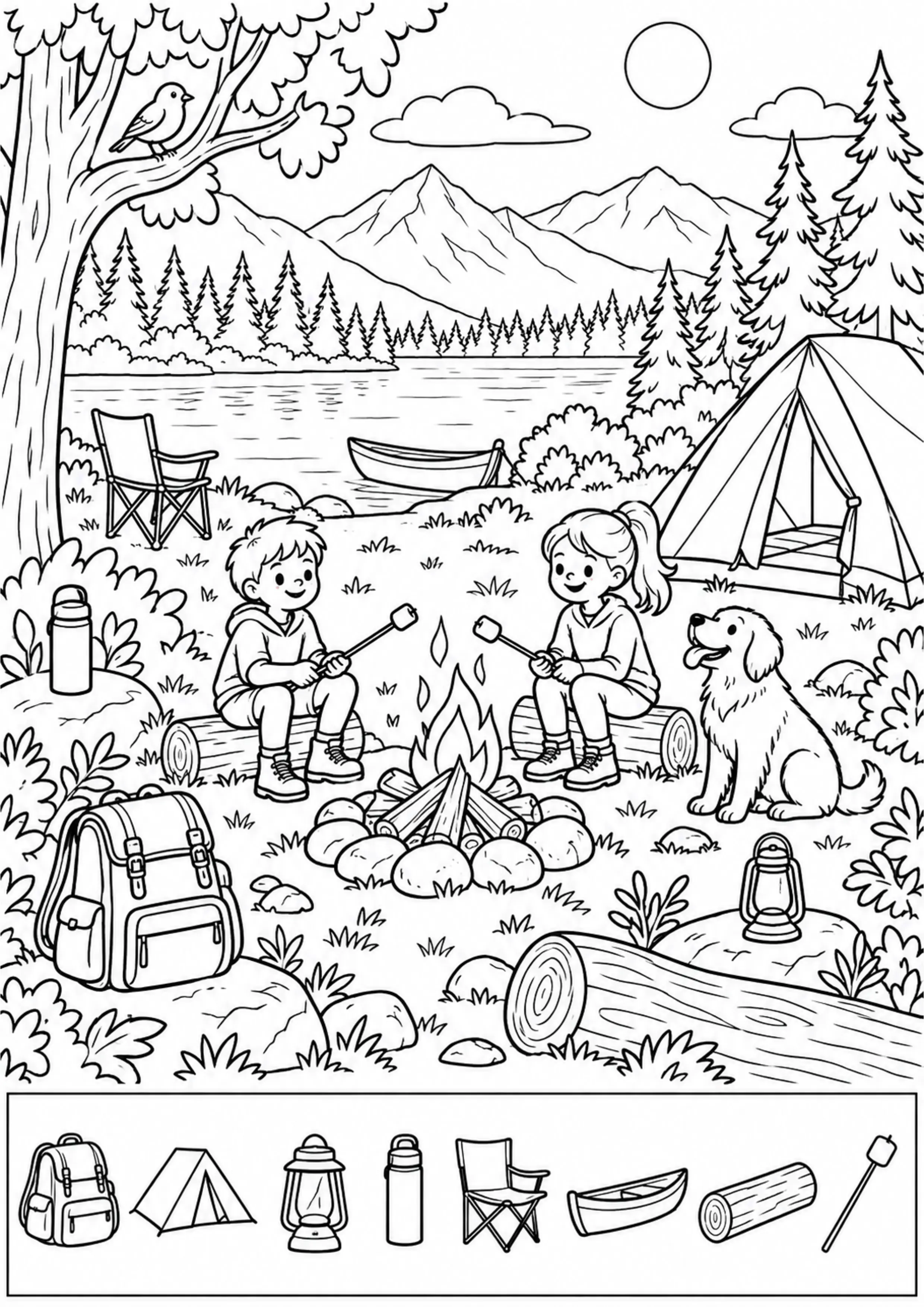 Coloriage camping avec 8 objets à imprimer