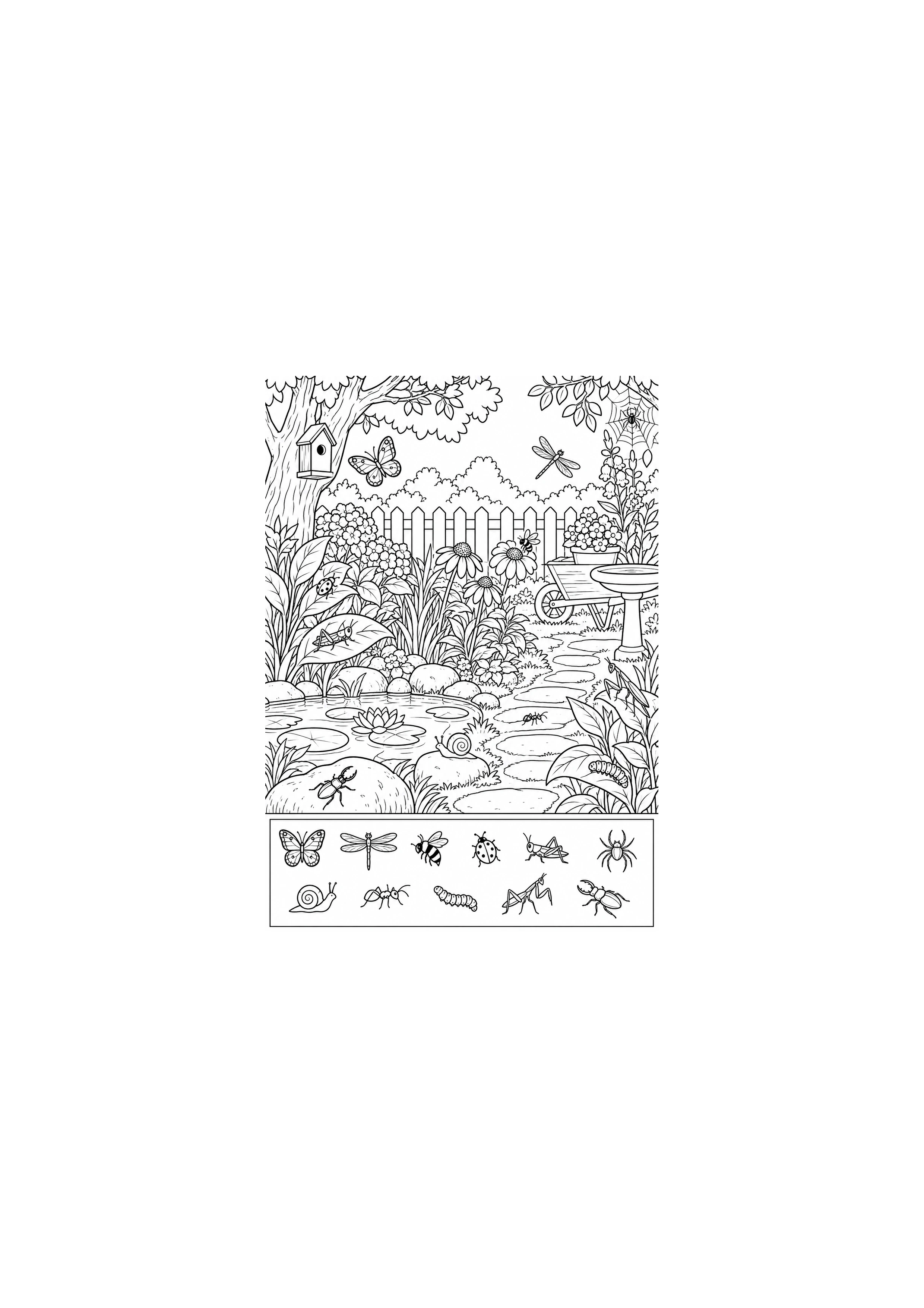 Coloriage jardin avec 12 insectes à imprimer