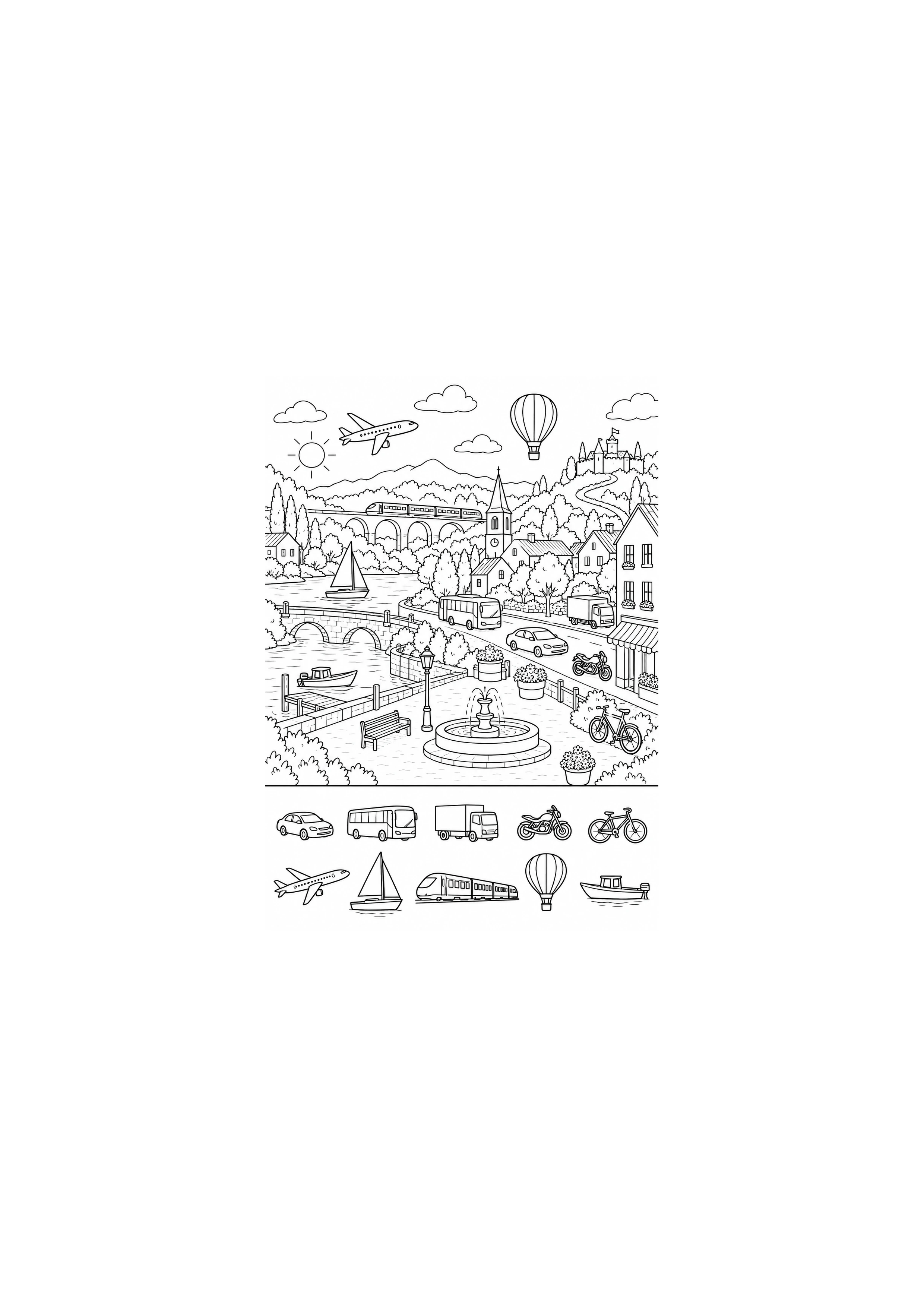 Coloriage ville avec 10 véhicules à imprimer
