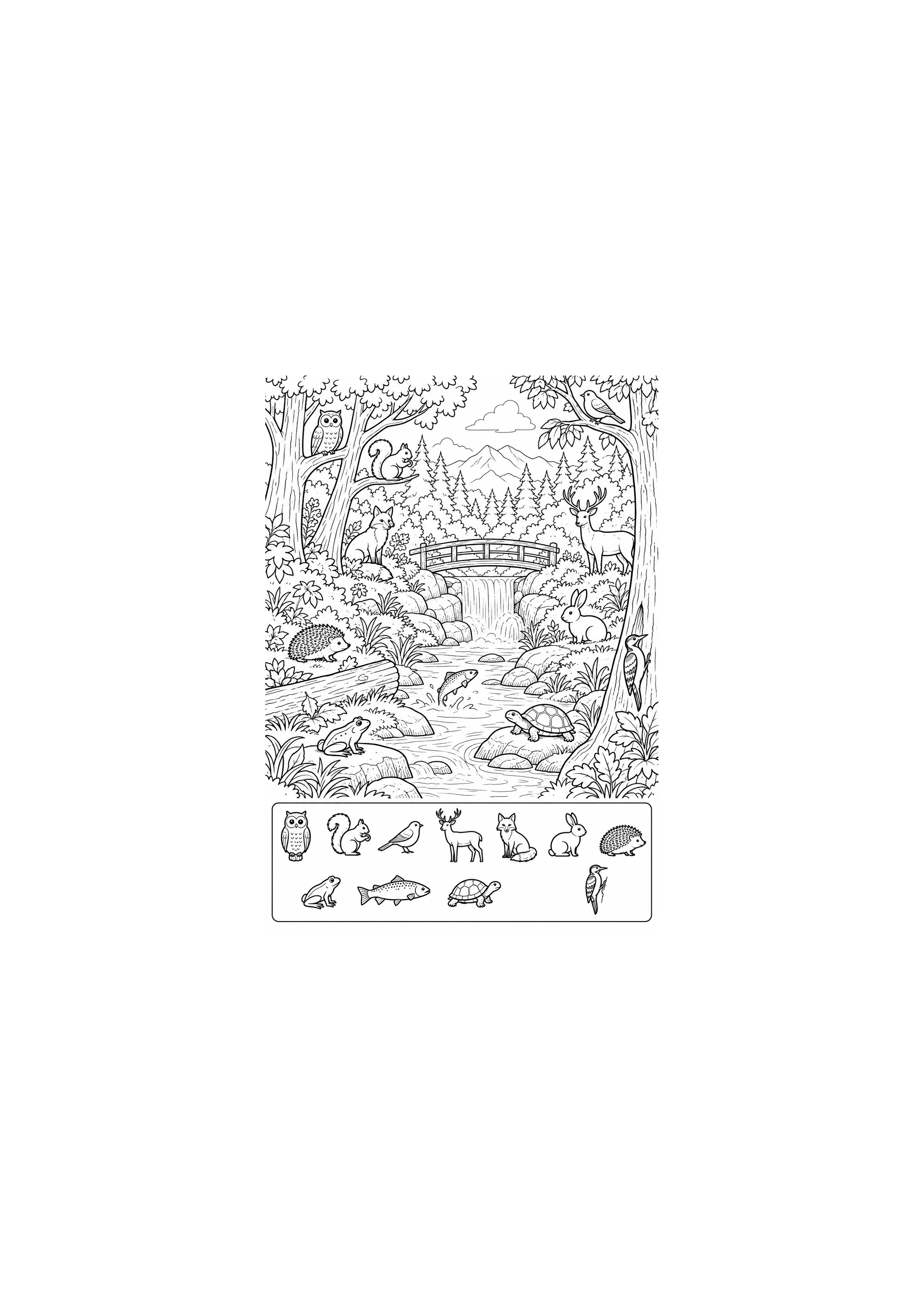 Coloriage forêt avec 12 animaux à imprimer
