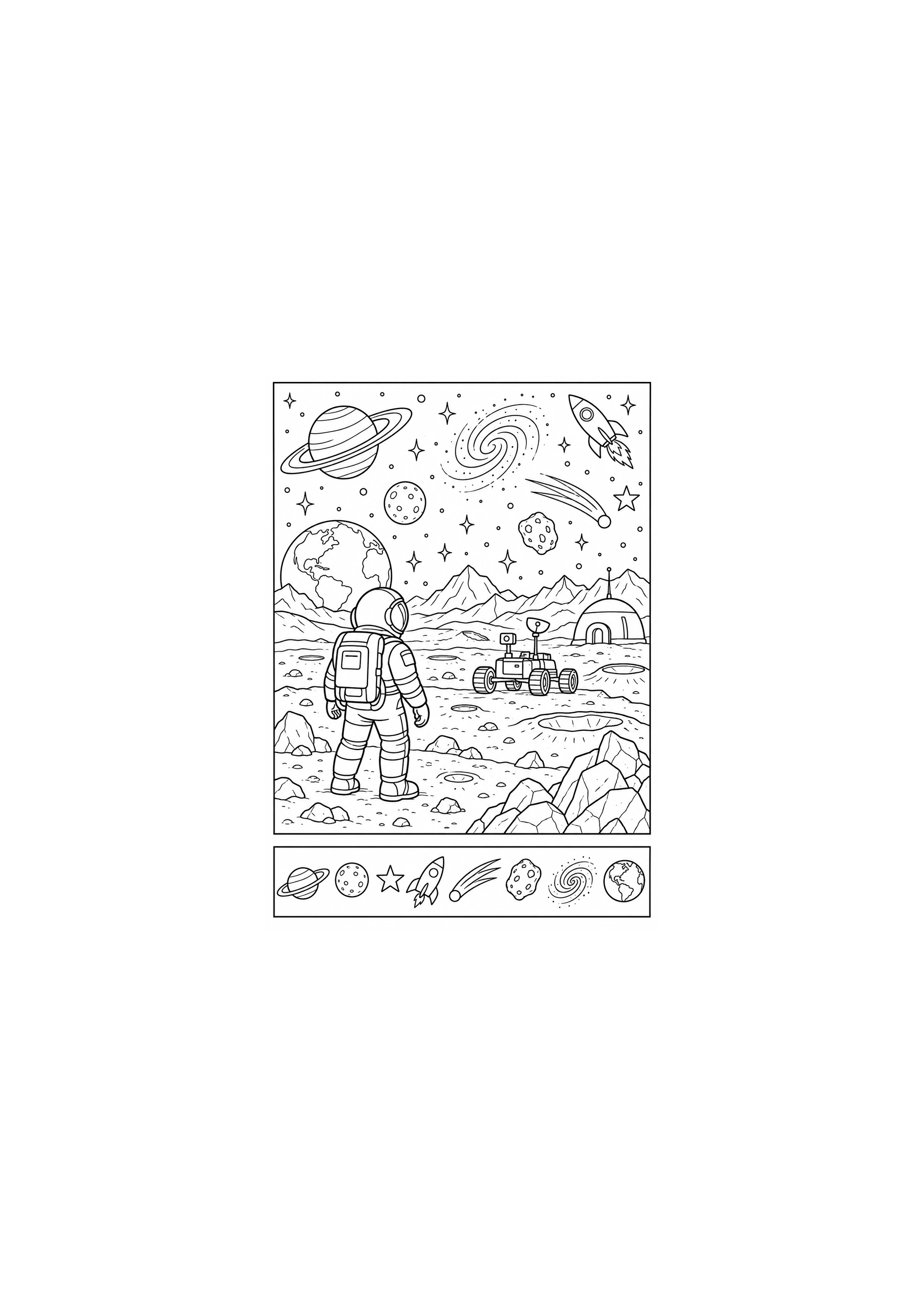 Coloriage espace original avec 8 objets à imprimer