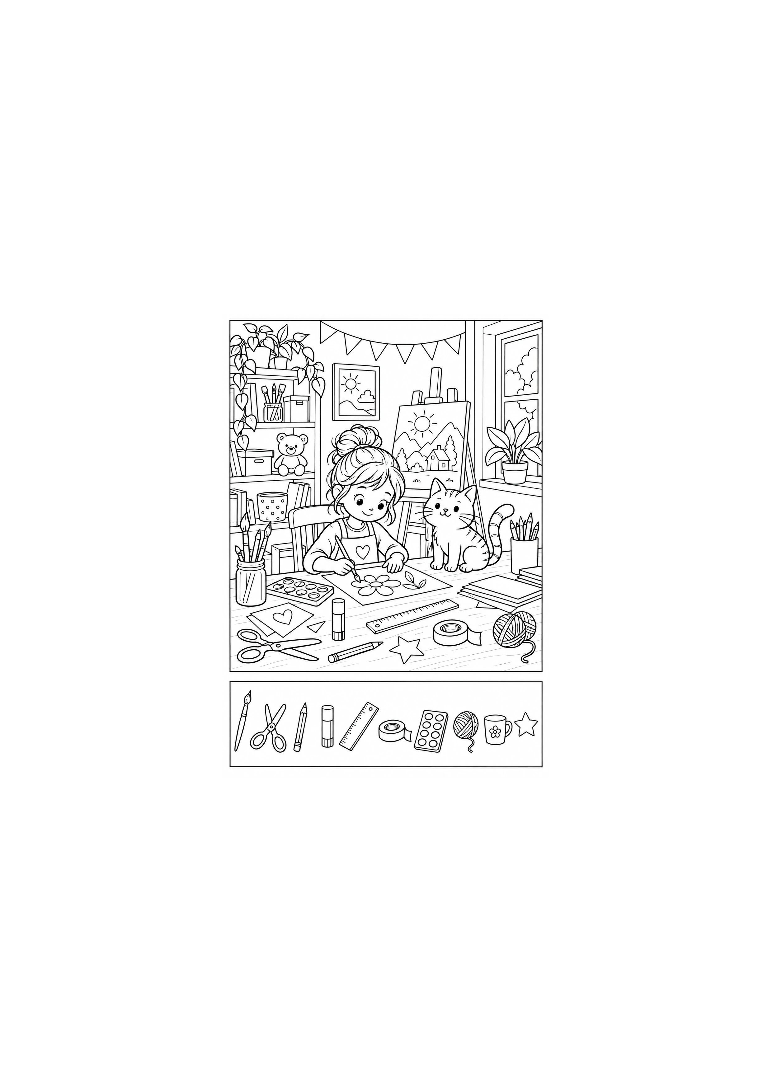 Coloriage atelier créatif avec 10 outils à imprimer