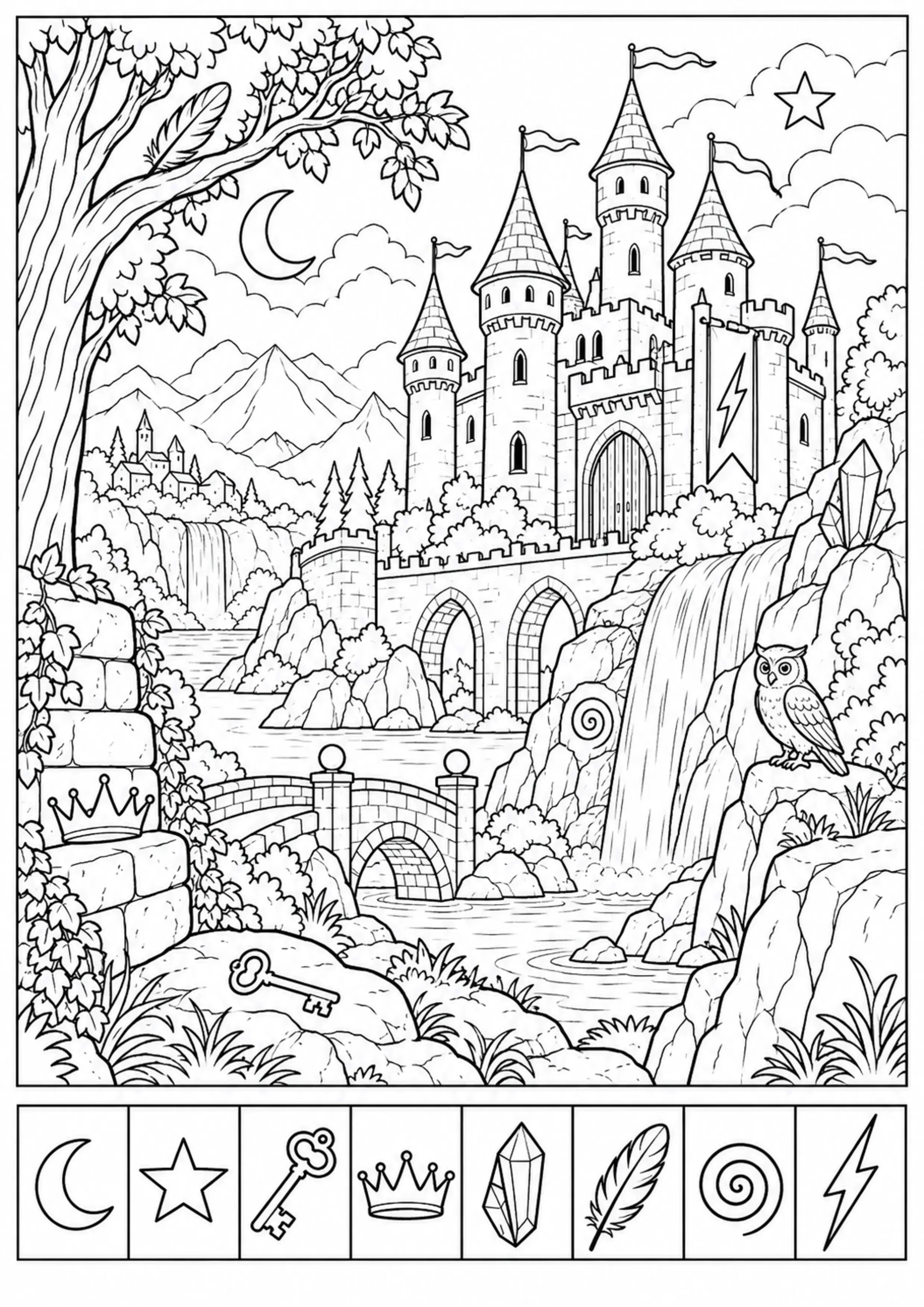 Coloriage château fantastique original avec 8 symboles à imprimer