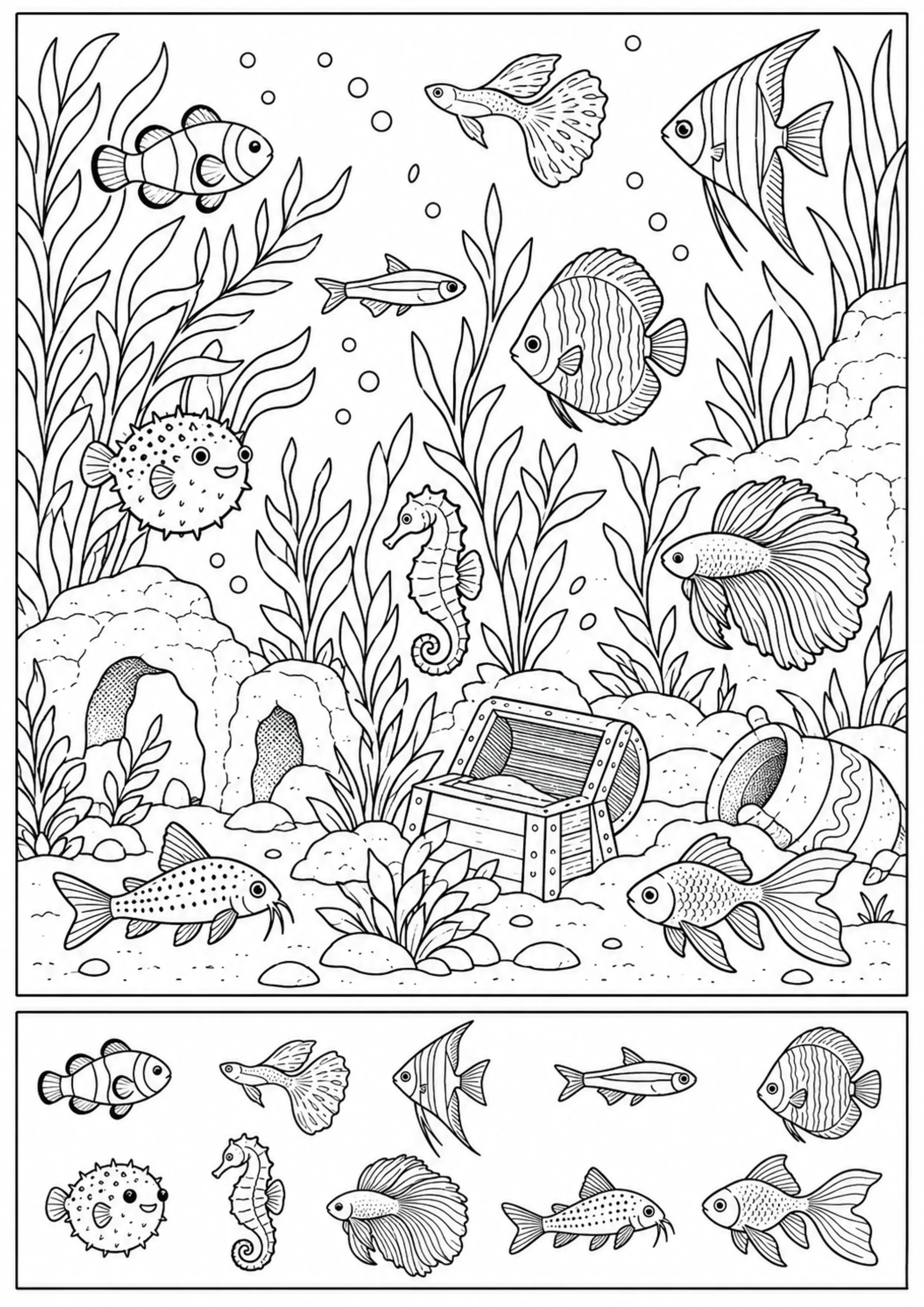 Coloriage aquarium avec 10 poissons à imprimer
