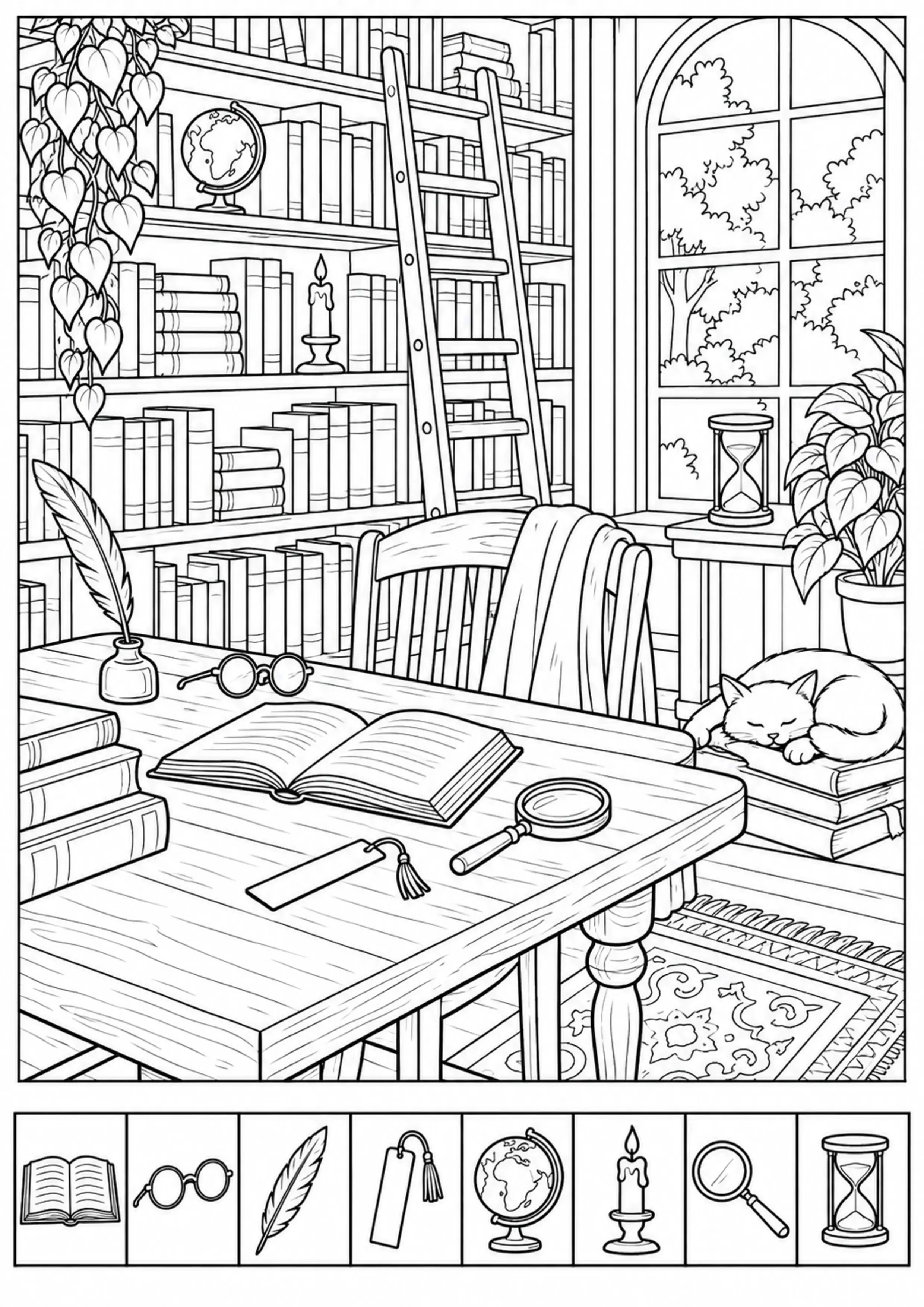Coloriage bibliothèque avec 8 détails à imprimer