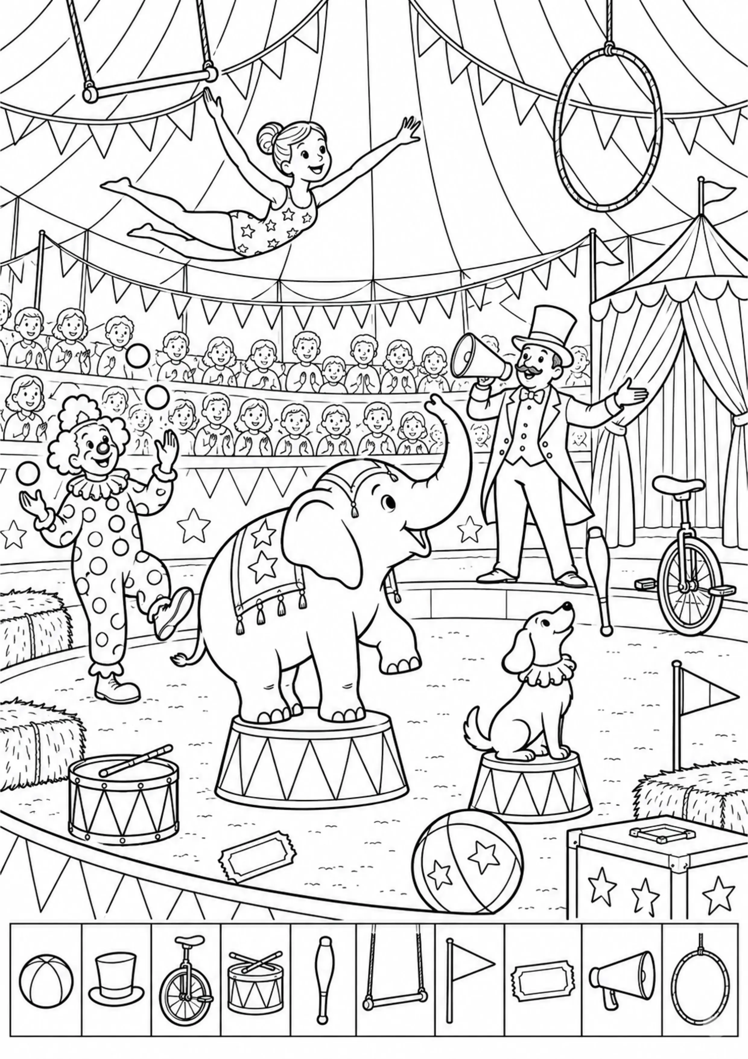 Coloriage cirque générique avec 10 accessoires à imprimer